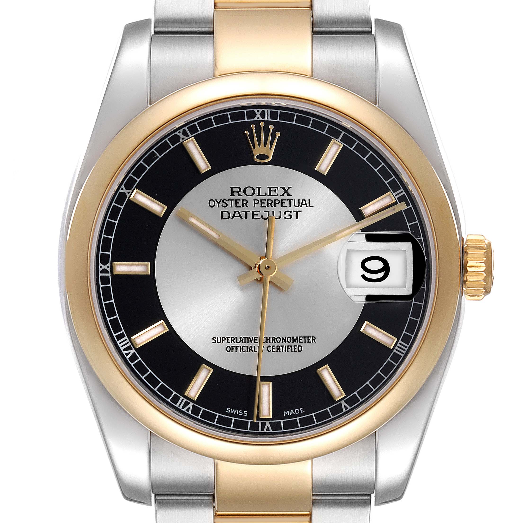 The Rolex Datejust 116203 Men's Steel and Gold (two tone) Black Dial 116203 Men's Steel and Gold (two tone) Black Dial model is shown from the front, displaying its dial, bezel, hands, and date window.
