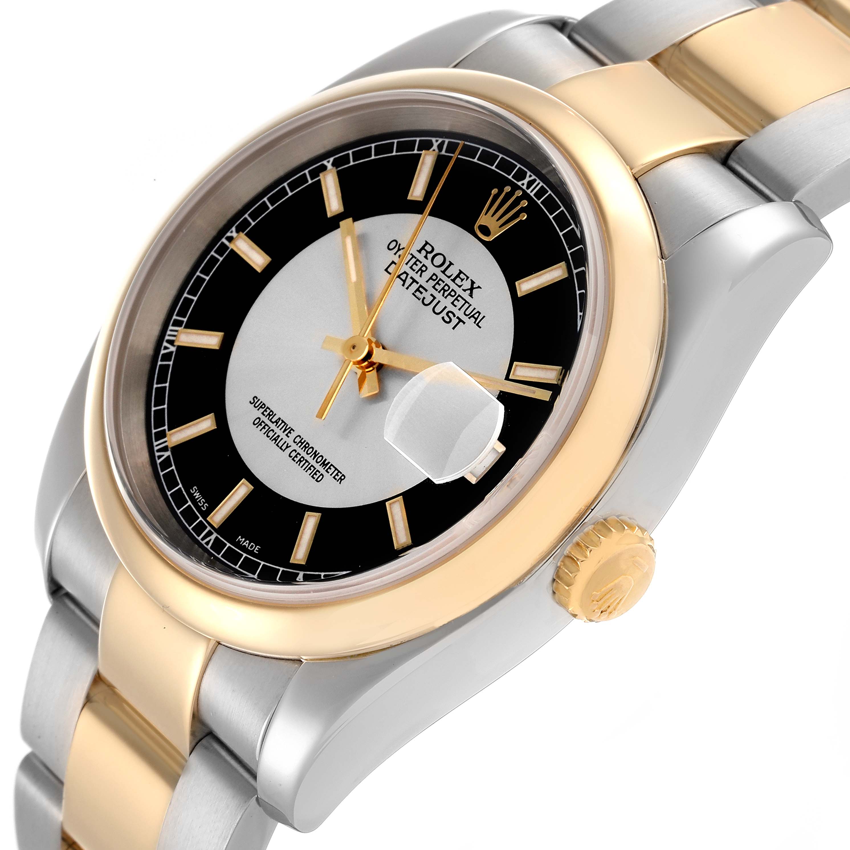 The Rolex Datejust 116203 Men's Steel and Gold (two tone) Black Dial 116203 Men's Steel and Gold (two tone) Black Dial watch is shown at an angle highlighting the bezel, face, bracelet, and crown.