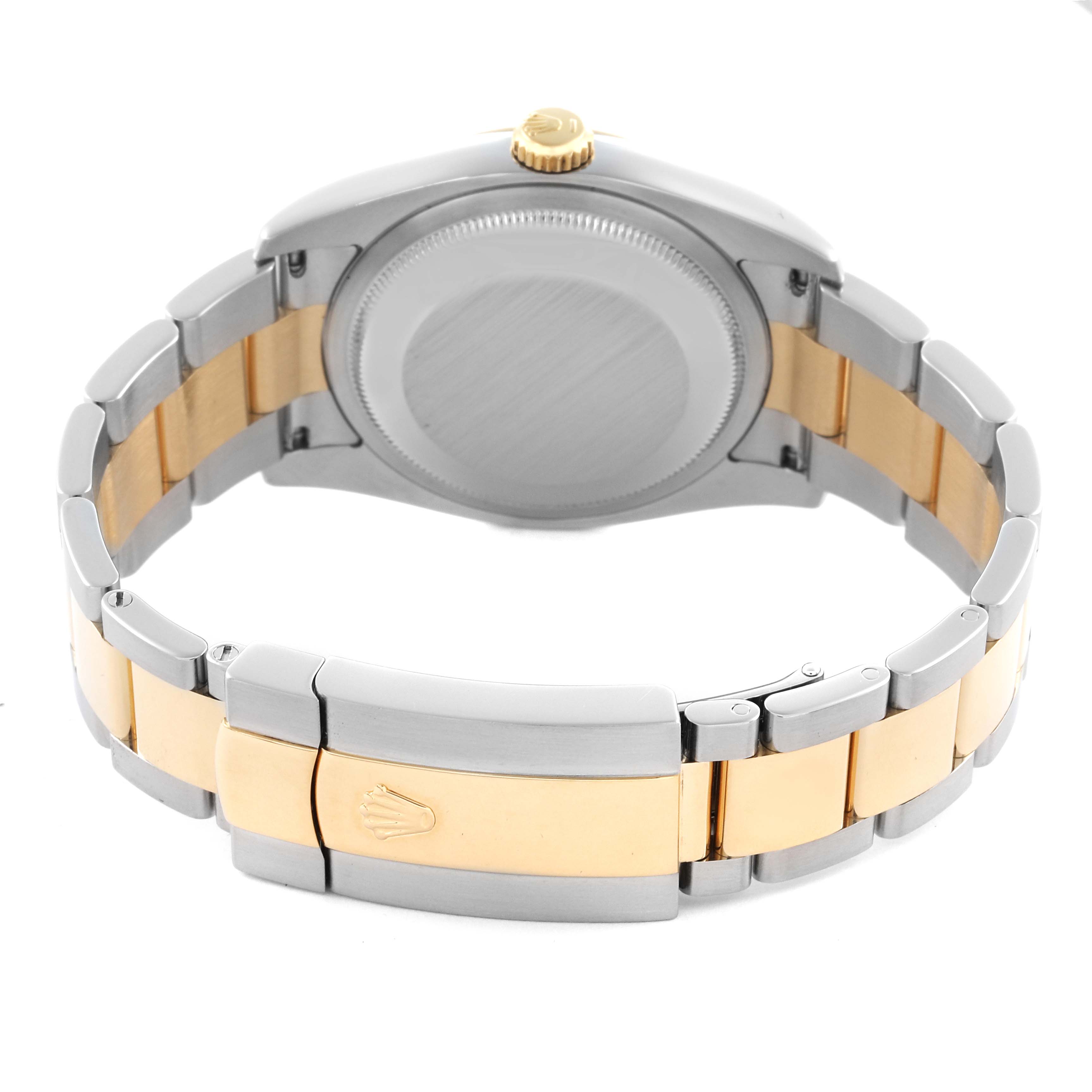 The image shows the back and bracelet of the Rolex Datejust 116203 Men's Steel and Gold (two tone) Black Dial 116203 Men's Steel and Gold (two tone) Black Dial, highlighting its two-tone metal design and clasp.