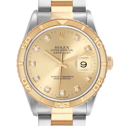 The image shows a frontal view of the Rolex Datejust, highlighting the gold bezel, dial, and markers.