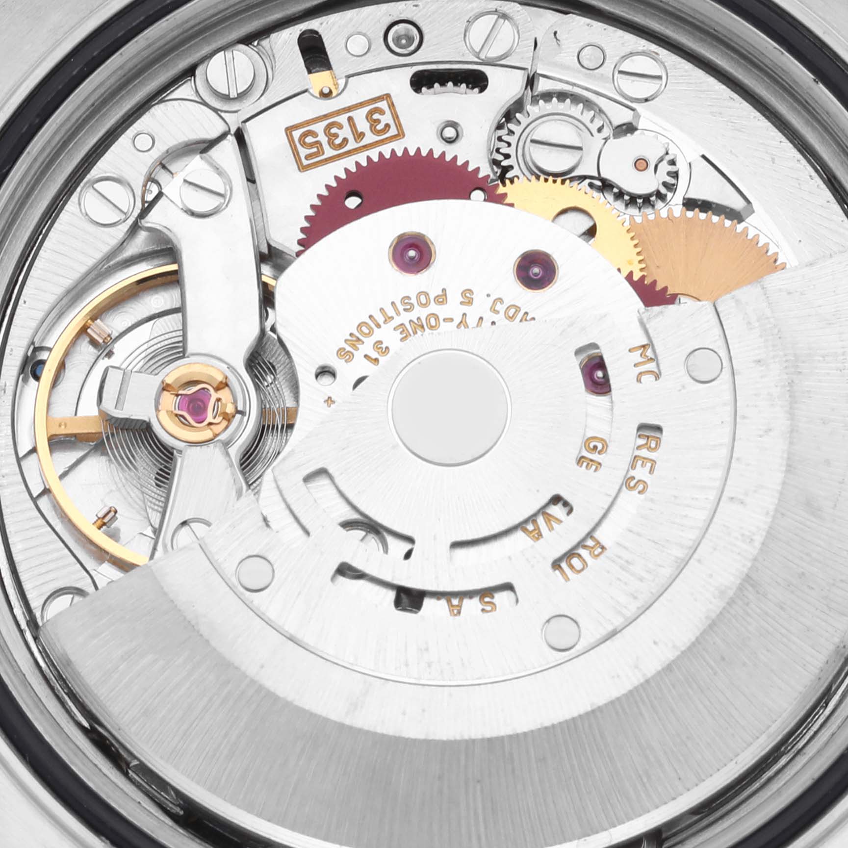 The image shows the movement of a Rolex Datejust 16263 Men
s Steel and Gold (two tone) Champagne Dial 16263 Men
s Steel and Gold (two tone) Champagne Dial watch with visible gears and components from a close-up angle.