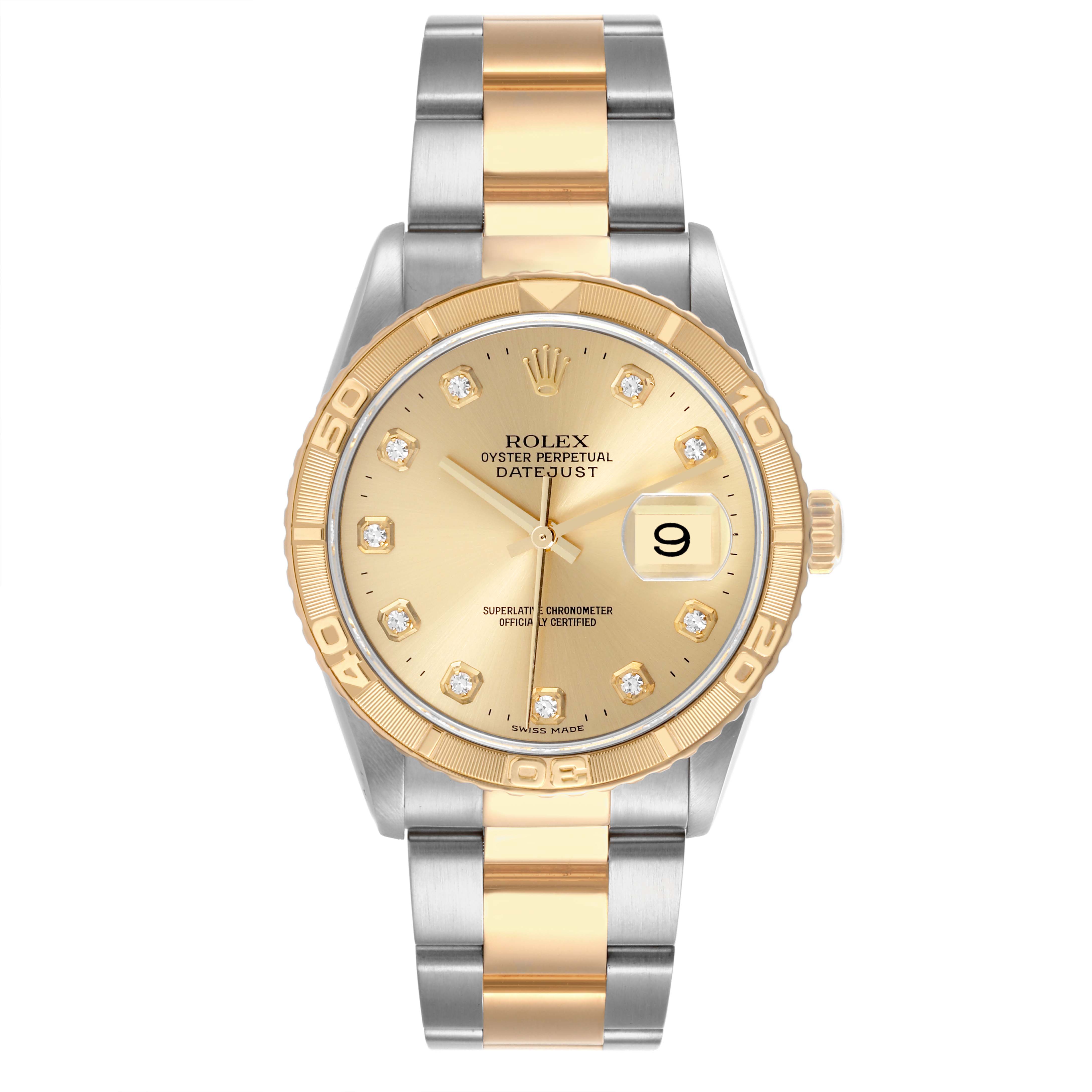 The Rolex Datejust 16263 Men
s Steel and Gold (two tone) Champagne Dial 16263 Men
s Steel and Gold (two tone) Champagne Dial watch is shown from the front, highlighting the dial, bezel, and two-tone bracelet.