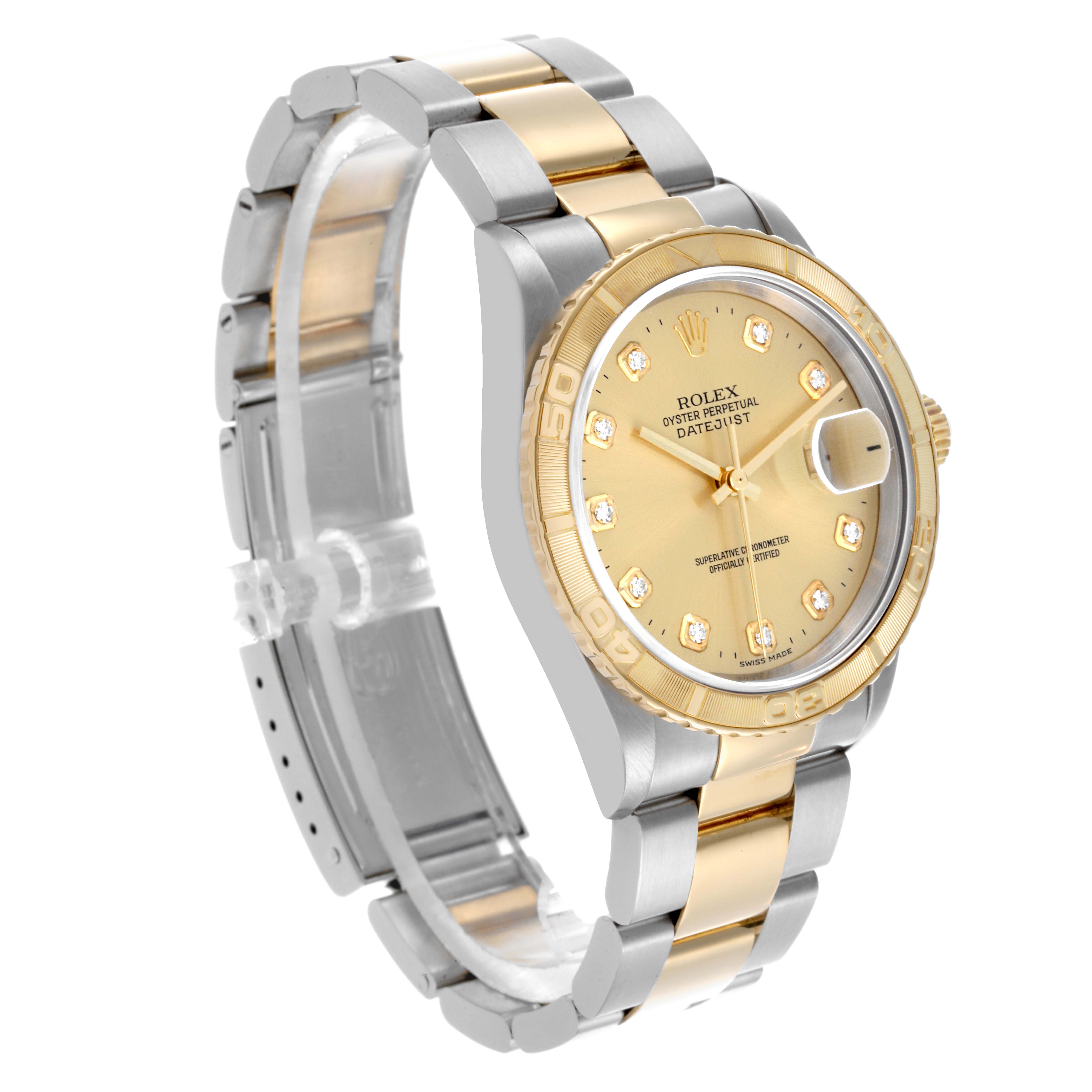 The Rolex Datejust 16263 Men
s Steel and Gold (two tone) Champagne Dial 16263 Men
s Steel and Gold (two tone) Champagne Dial watch is shown at a three-quarter angle, highlighting the face, bezel, and bracelet.