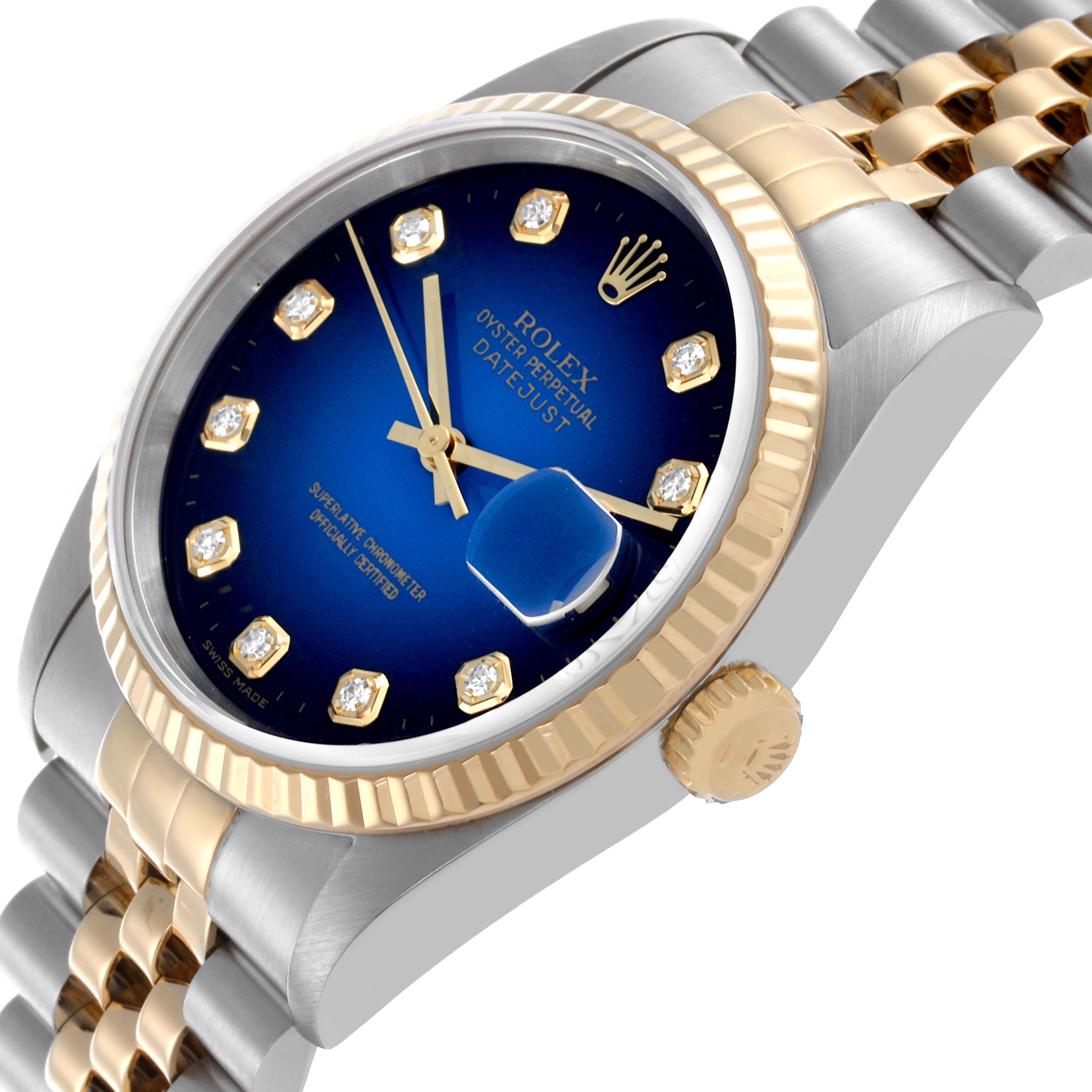 The Rolex Datejust 16233 Men's Steel and Gold (two tone) Blue Dial 16233 Men's Steel and Gold (two tone) Blue Dial watch is shown at a side angle, displaying the dial, crown, bezel, and part of the bracelet.