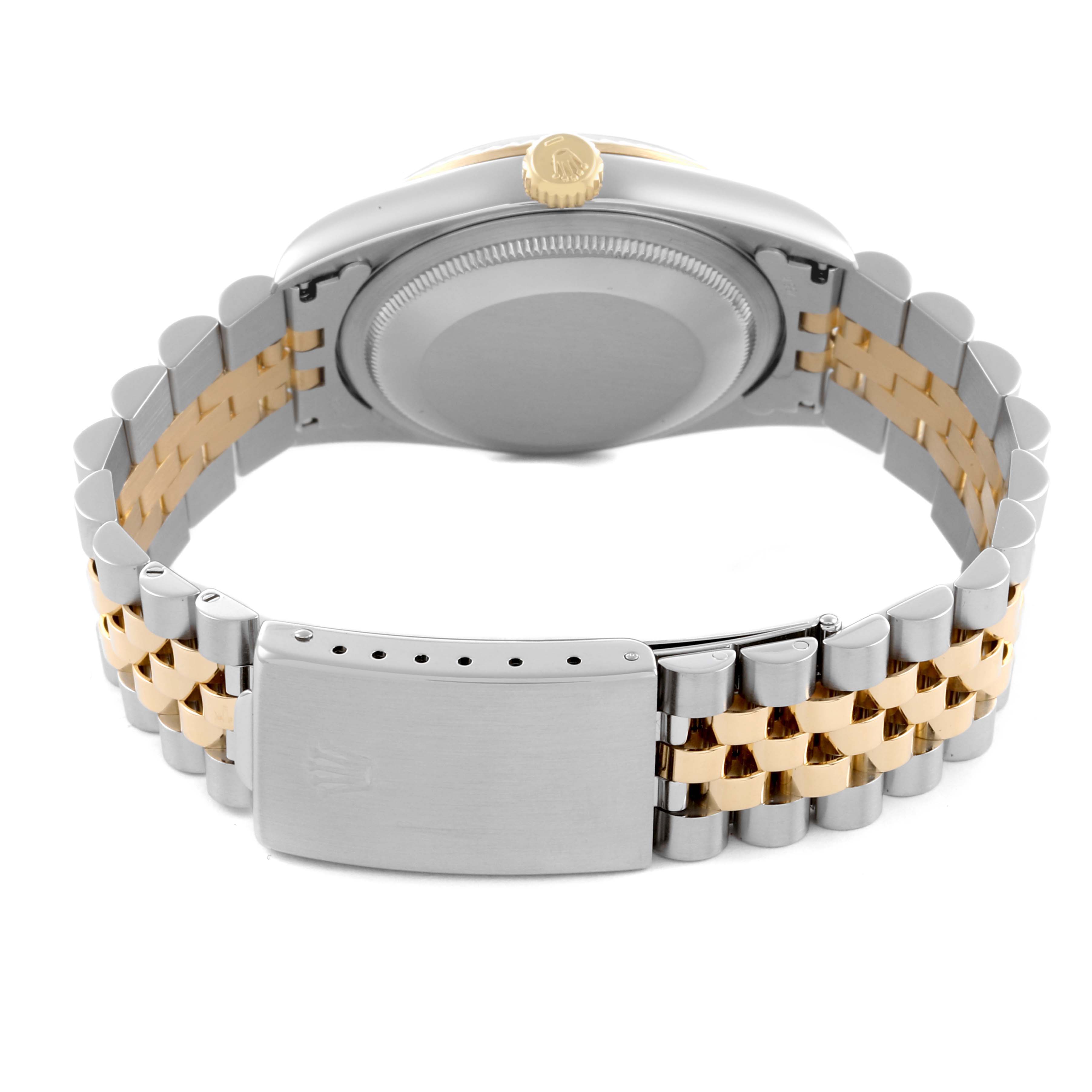 The image shows the Rolex Datejust 16233 Men's Steel and Gold (two tone) Blue Dial 16233 Men's Steel and Gold (two tone) Blue Dial's back case, crown, and bracelet clasp from a rear angle.