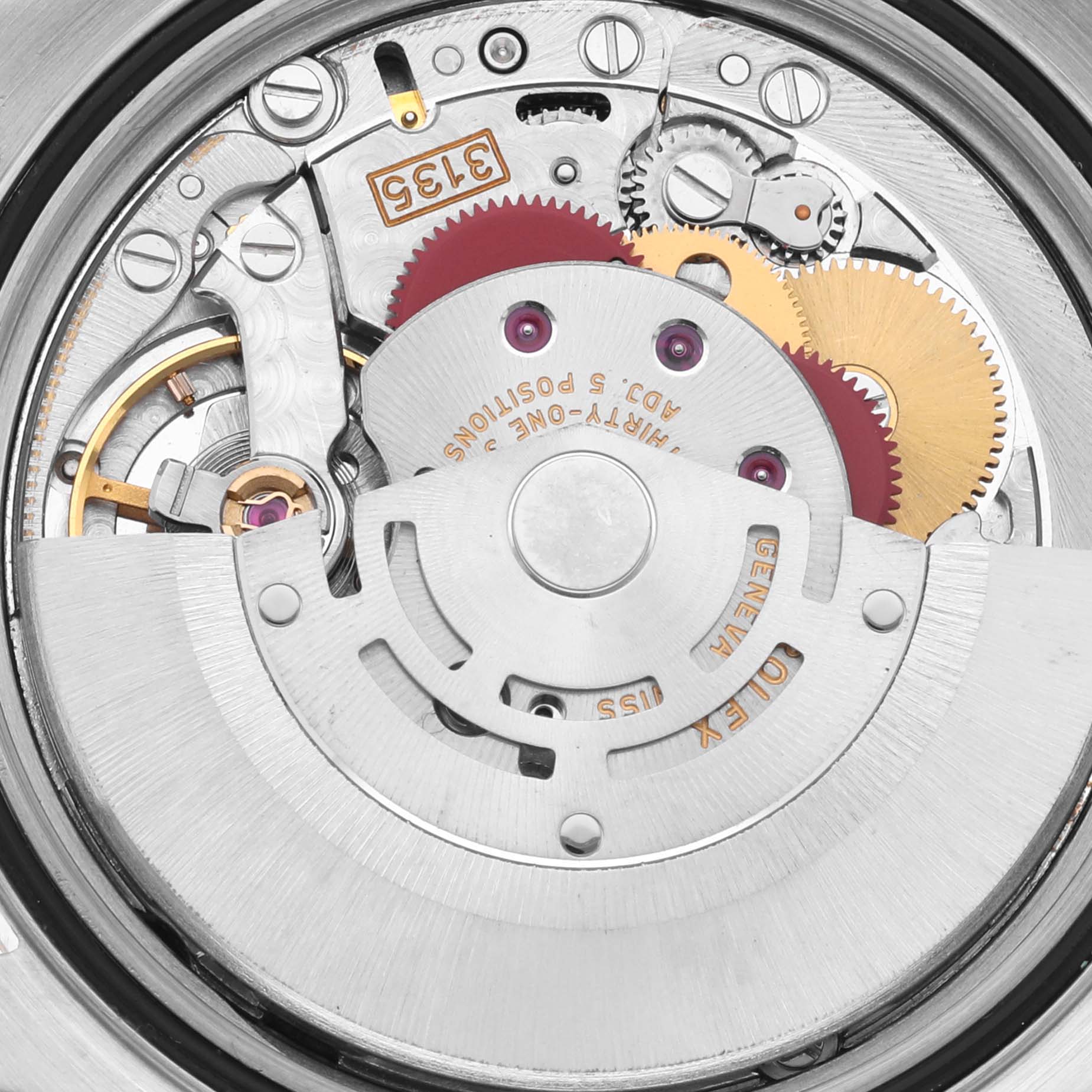 The image shows the intricate internal movement mechanism of a Rolex Datejust 16233 Men's Steel and Gold (two tone) Blue Dial 16233 Men's Steel and Gold (two tone) Blue Dial watch from a top-down angle.