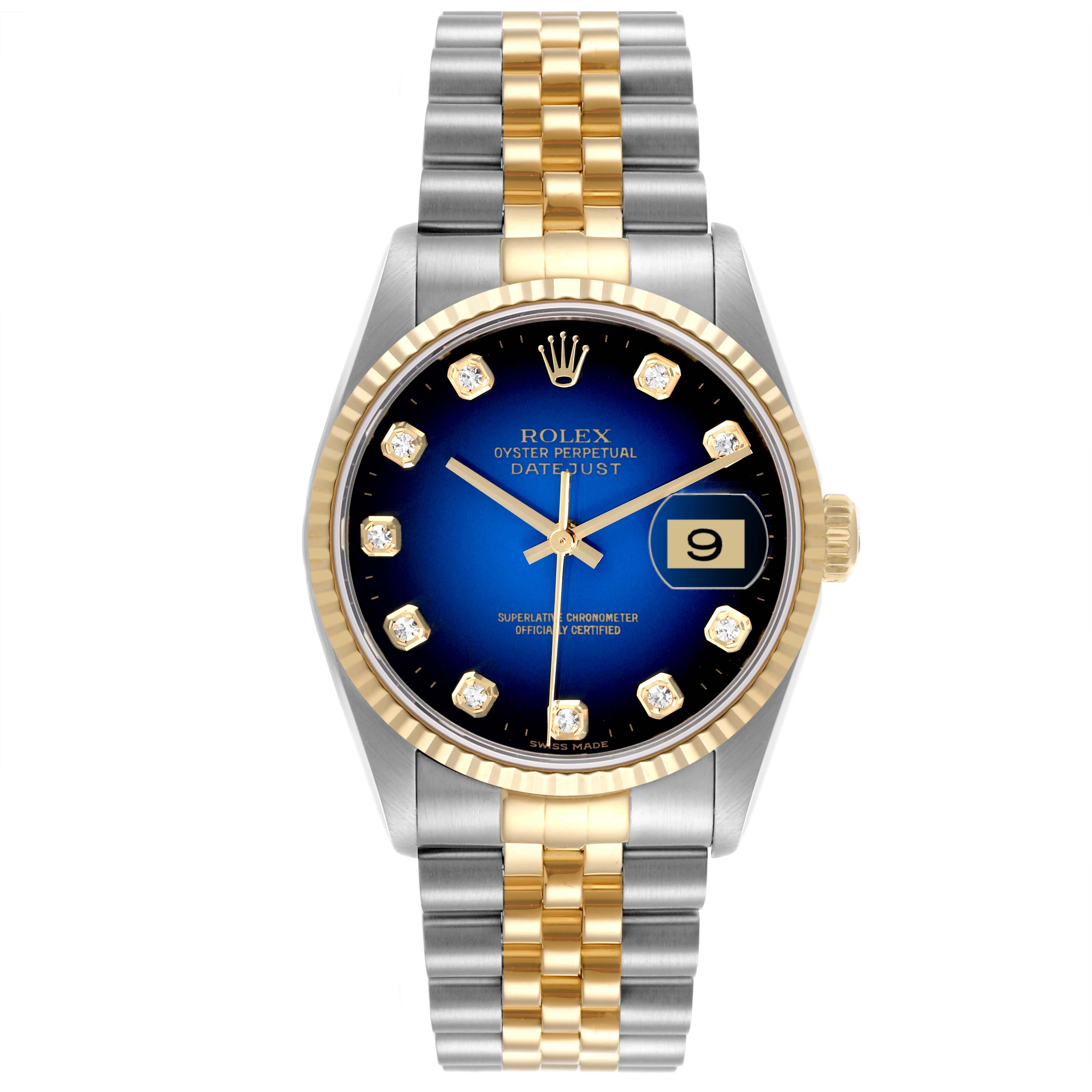 The Rolex Datejust 16233 Men's Steel and Gold (two tone) Blue Dial 16233 Men's Steel and Gold (two tone) Blue Dial watch displays a front view, showcasing the dial, bezel, and two-tone bracelet.