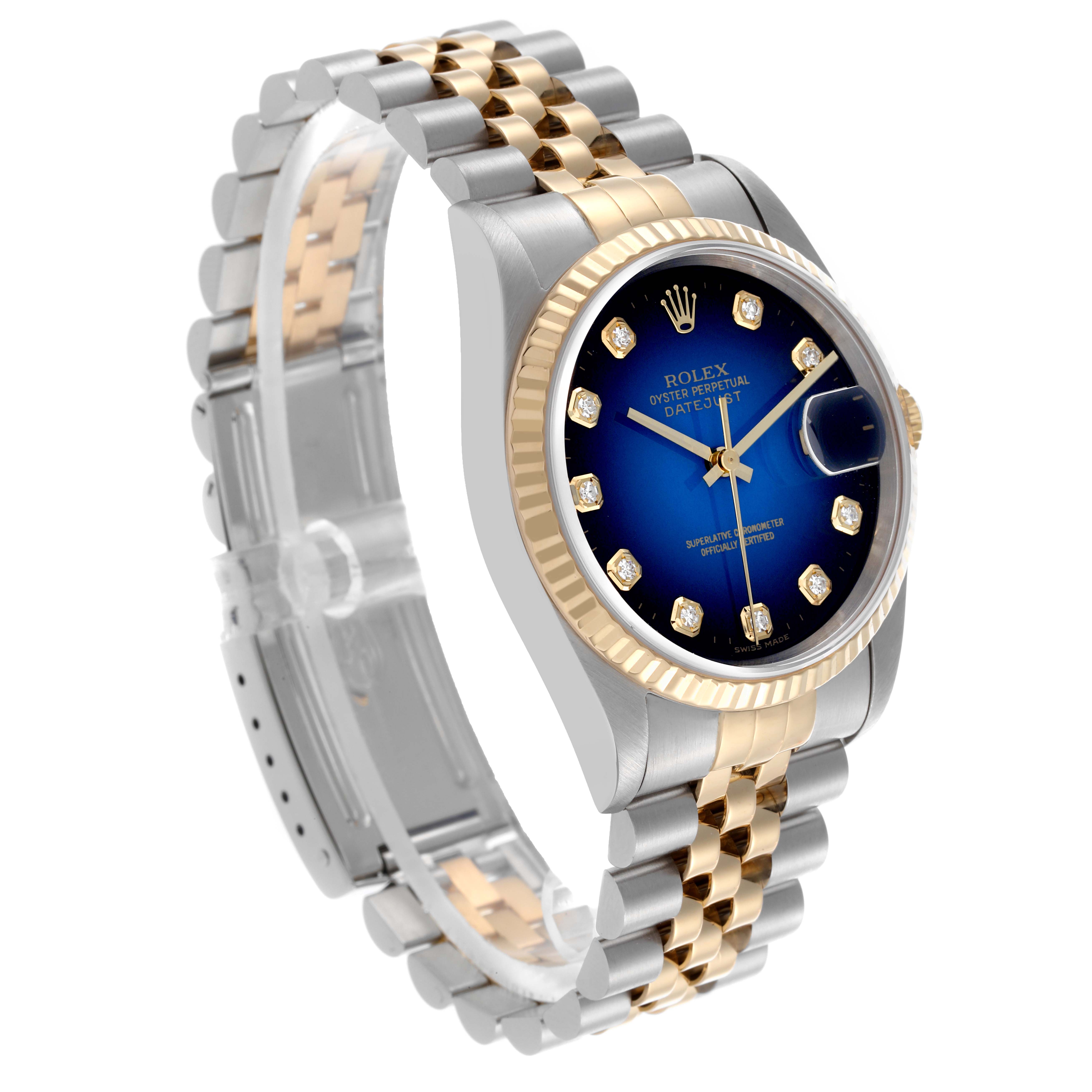 The Rolex Datejust 16233 Men's Steel and Gold (two tone) Blue Dial 16233 Men's Steel and Gold (two tone) Blue Dial watch is shown at a slight side angle, highlighting the bezel, dial, and bracelet.
