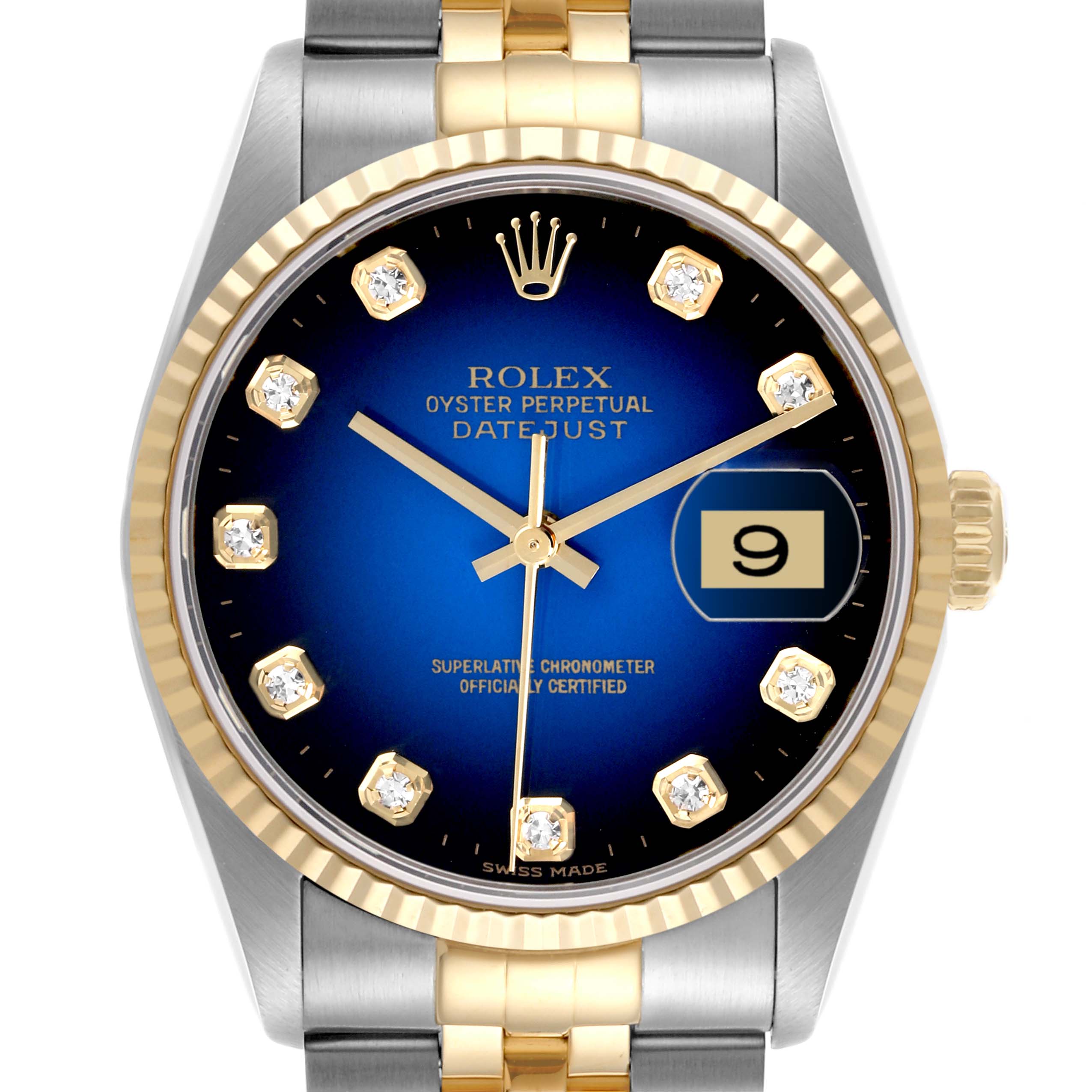 The image shows a frontal view of the Rolex Datejust 16233 Men's Steel and Gold (two tone) Blue Dial 16233 Men's Steel and Gold (two tone) Blue Dial watch, highlighting the dial, bezel, and part of the bracelet.