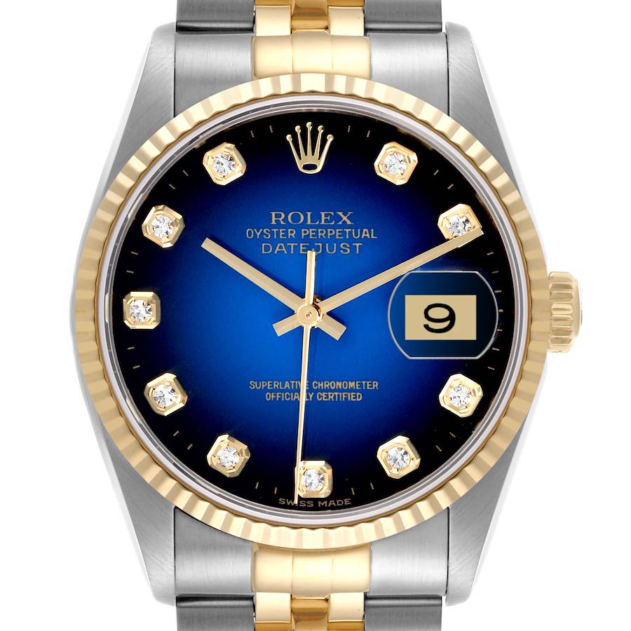 The image shows a frontal view of the Rolex Datejust watch, highlighting the dial, bezel, and part of the bracelet.