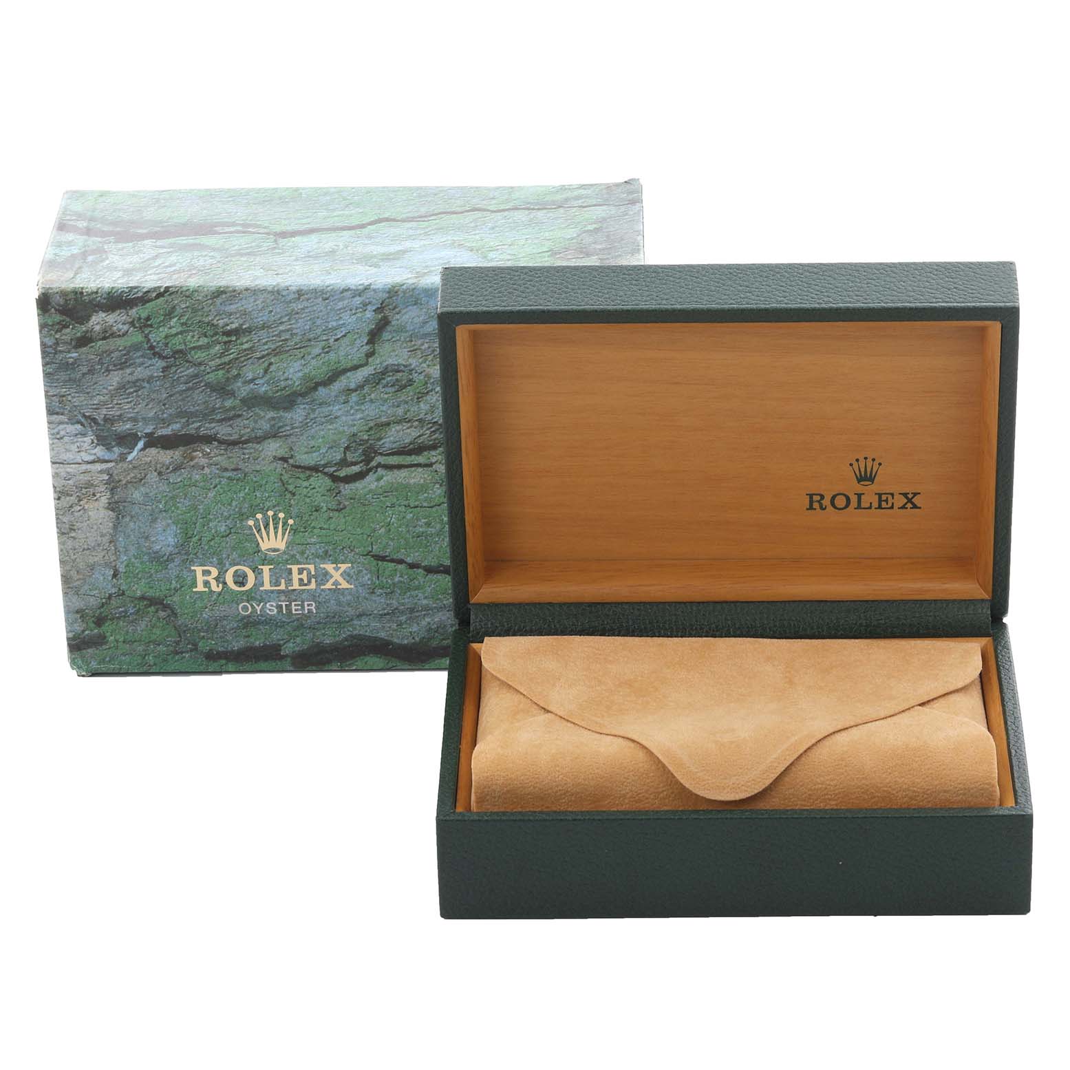 The image shows a Rolex Datejust 16233 Men's Steel and Gold (two tone) Blue Dial 16233 Men's Steel and Gold (two tone) Blue Dial box and pouch, viewed from the front, revealing the packaging details.