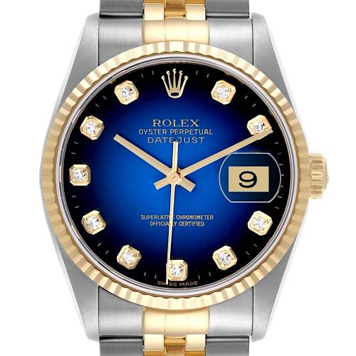 The Rolex Datejust watch is shown from a front angle, highlighting the dial, hands, bezel, and part of the bracelet.