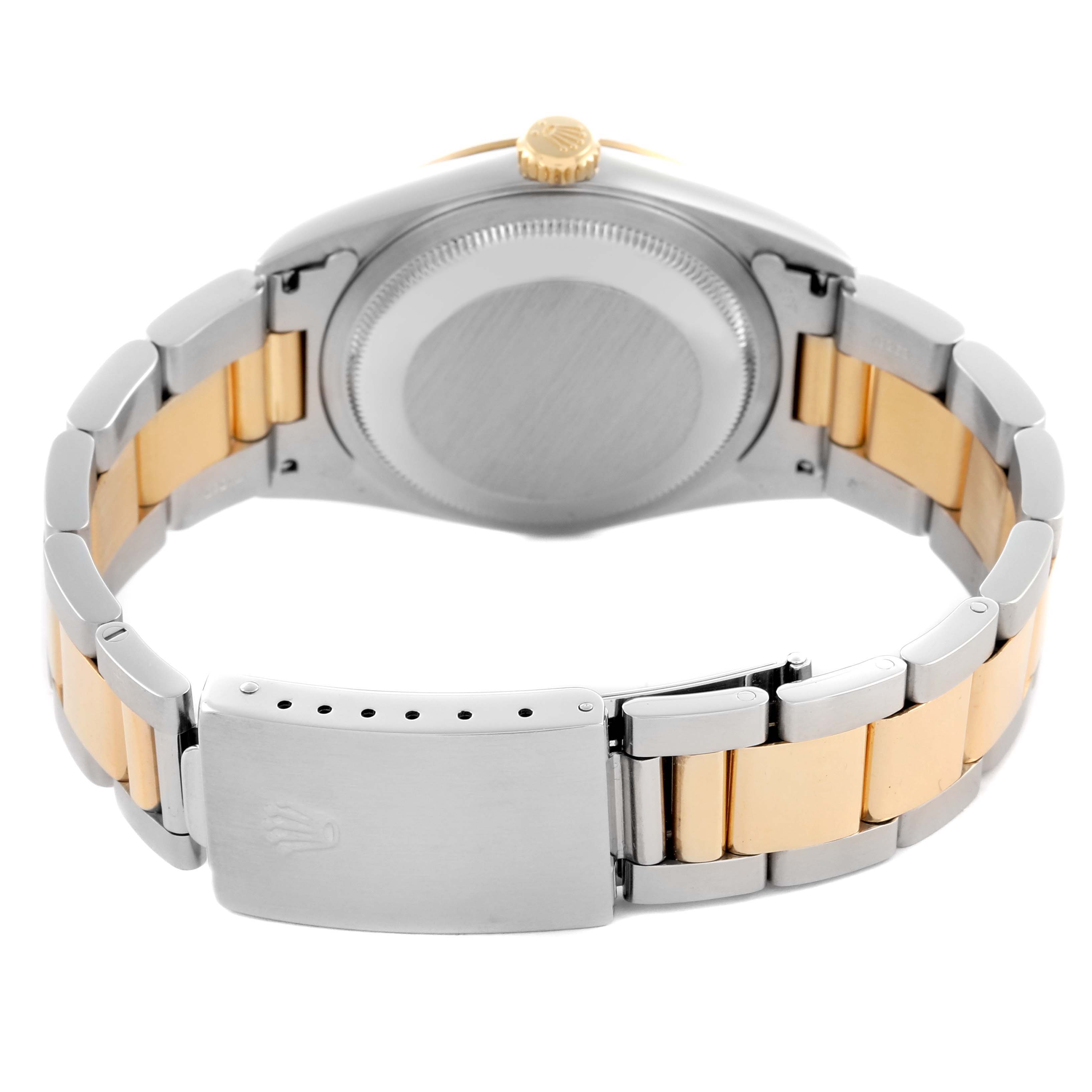 The image shows the back case and bracelet of the Rolex Datejust 16233 Men's Steel and Gold (two tone) White Dial 16233 Men's Steel and Gold (two tone) White Dial, highlighting the two-tone metal design and clasp.