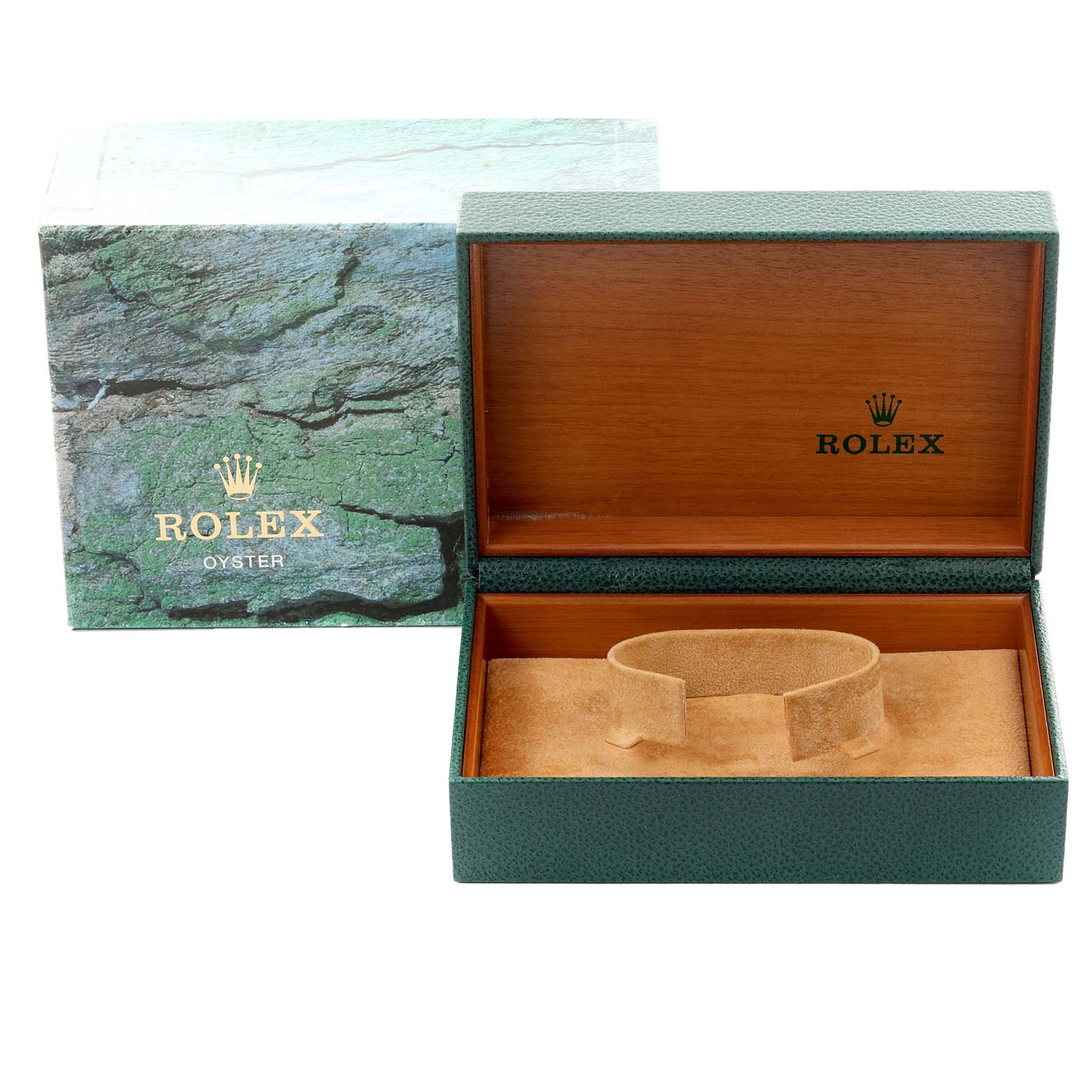 The image shows the open green Rolex Datejust 16233 Men's Steel and Gold (two tone) White Dial 16233 Men's Steel and Gold (two tone) White Dial watch box with interior lining, without the watch inside.