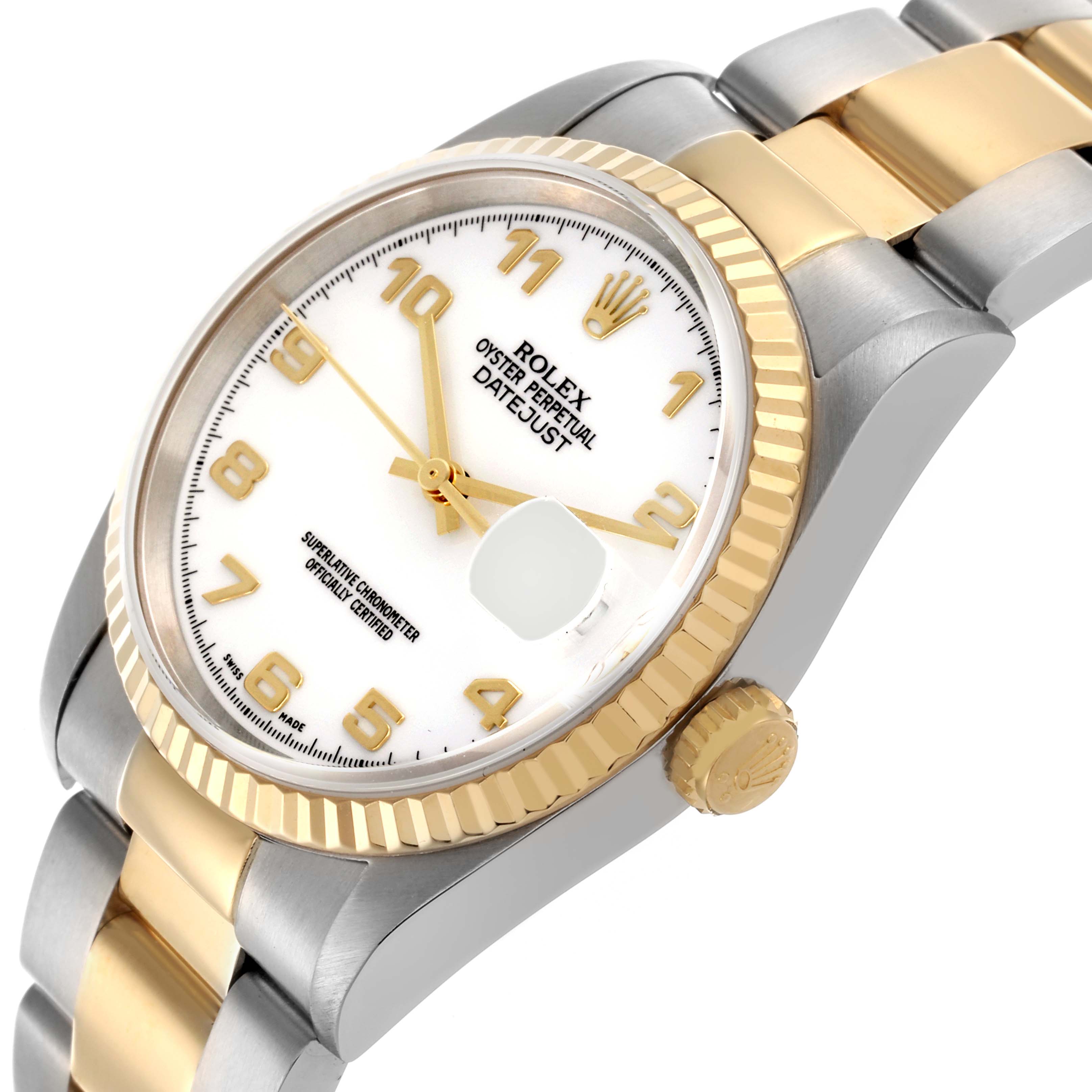 The Rolex Datejust 16233 Men's Steel and Gold (two tone) White Dial 16233 Men's Steel and Gold (two tone) White Dial watch is shown at an angled side view, displaying the dial, bezel, crown, and part of the bracelet.