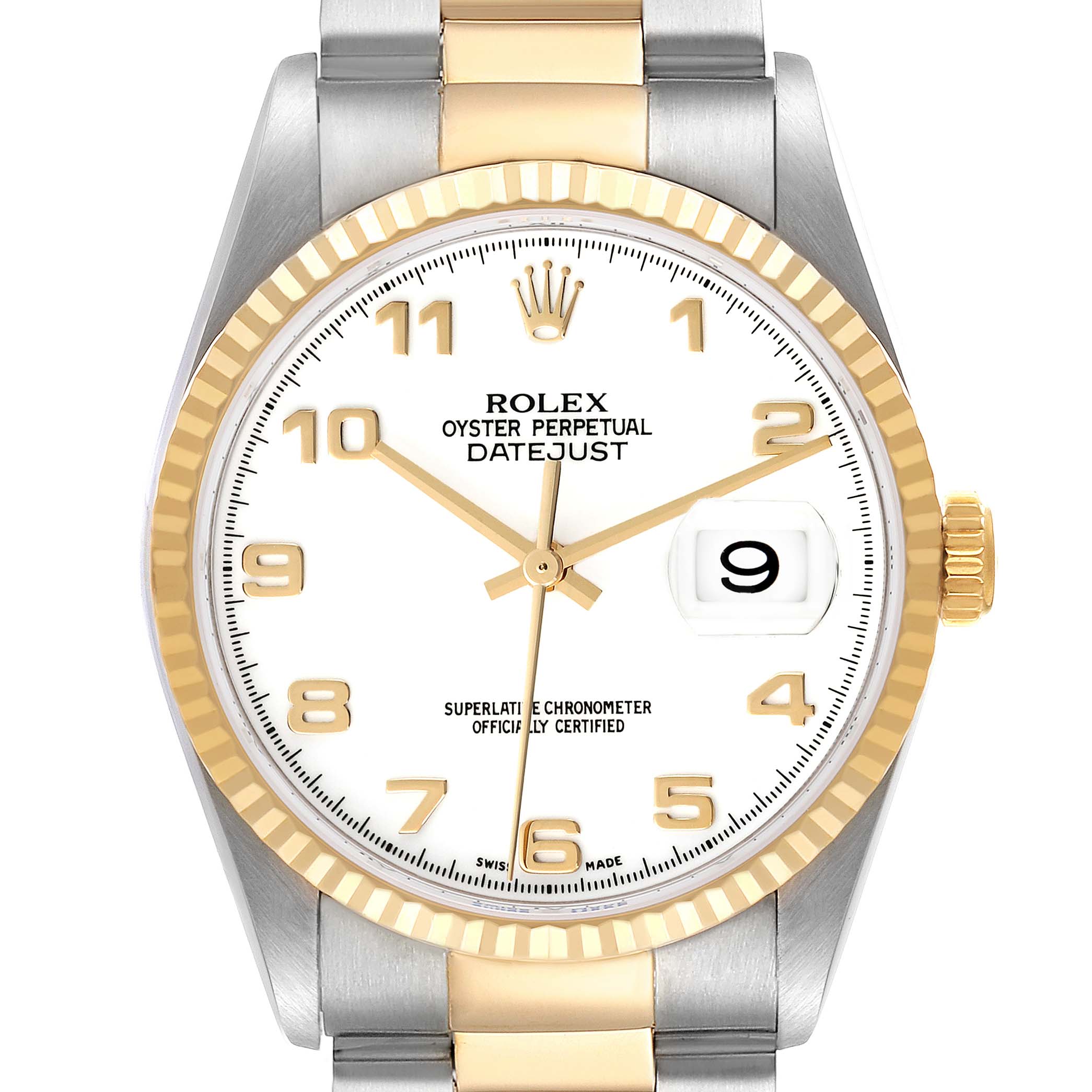 The Rolex Datejust 16233 Men's Steel and Gold (two tone) White Dial 16233 Men's Steel and Gold (two tone) White Dial watch is shown from a front angle, highlighting its dial, bezel, and bracelet.