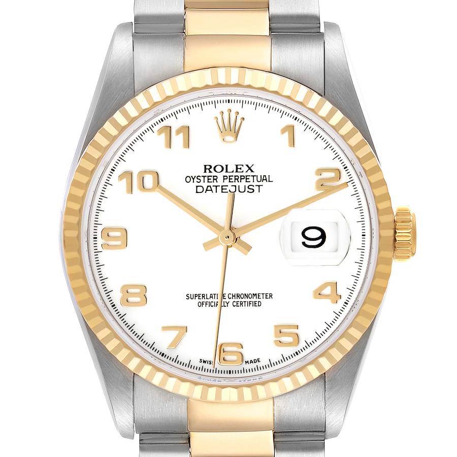 The Rolex Datejust watch is shown from a front angle, highlighting its dial, bezel, and bracelet.