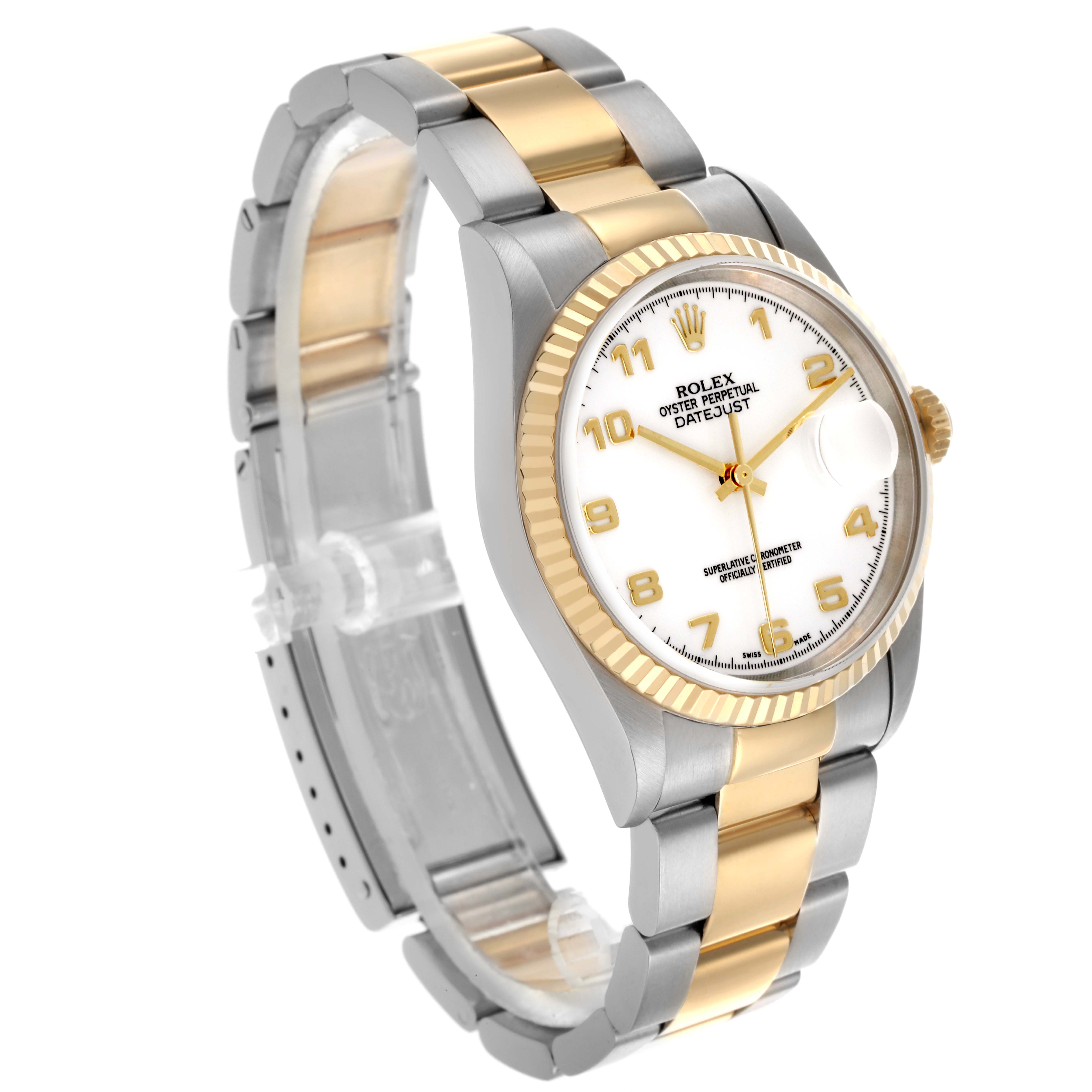 The Rolex Datejust 16233 Men's Steel and Gold (two tone) White Dial 16233 Men's Steel and Gold (two tone) White Dial watch is shown at an angled view, highlighting its two-tone bracelet, fluted bezel, and white dial.