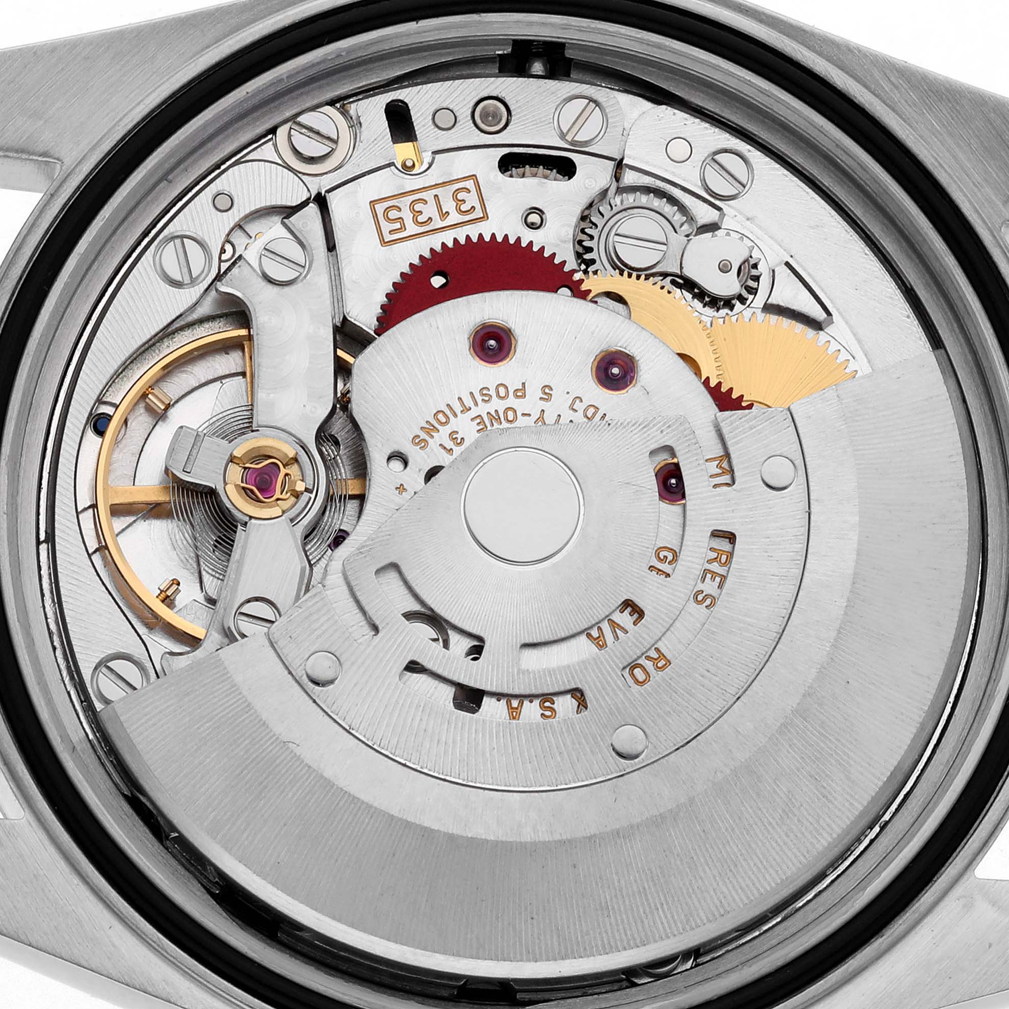 The image shows the inner mechanical movement of a Rolex Datejust 16233 Men's Steel and Gold (two tone) White Dial 16233 Men's Steel and Gold (two tone) White Dial watch from a top-down angle.