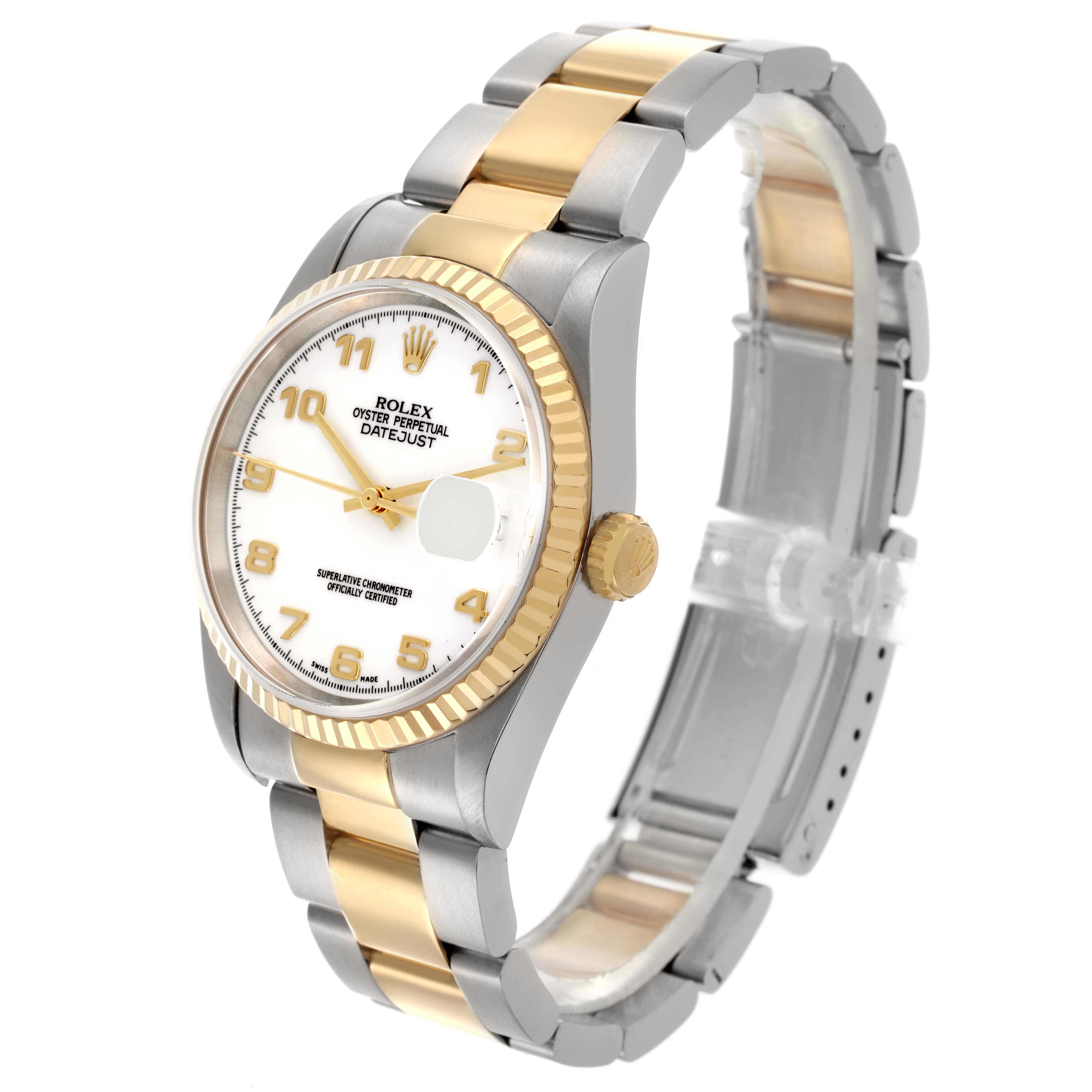The Rolex Datejust 16233 Men's Steel and Gold (two tone) White Dial 16233 Men's Steel and Gold (two tone) White Dial watch is shown at a front angle highlighting the face, fluted bezel, and two-tone bracelet.
