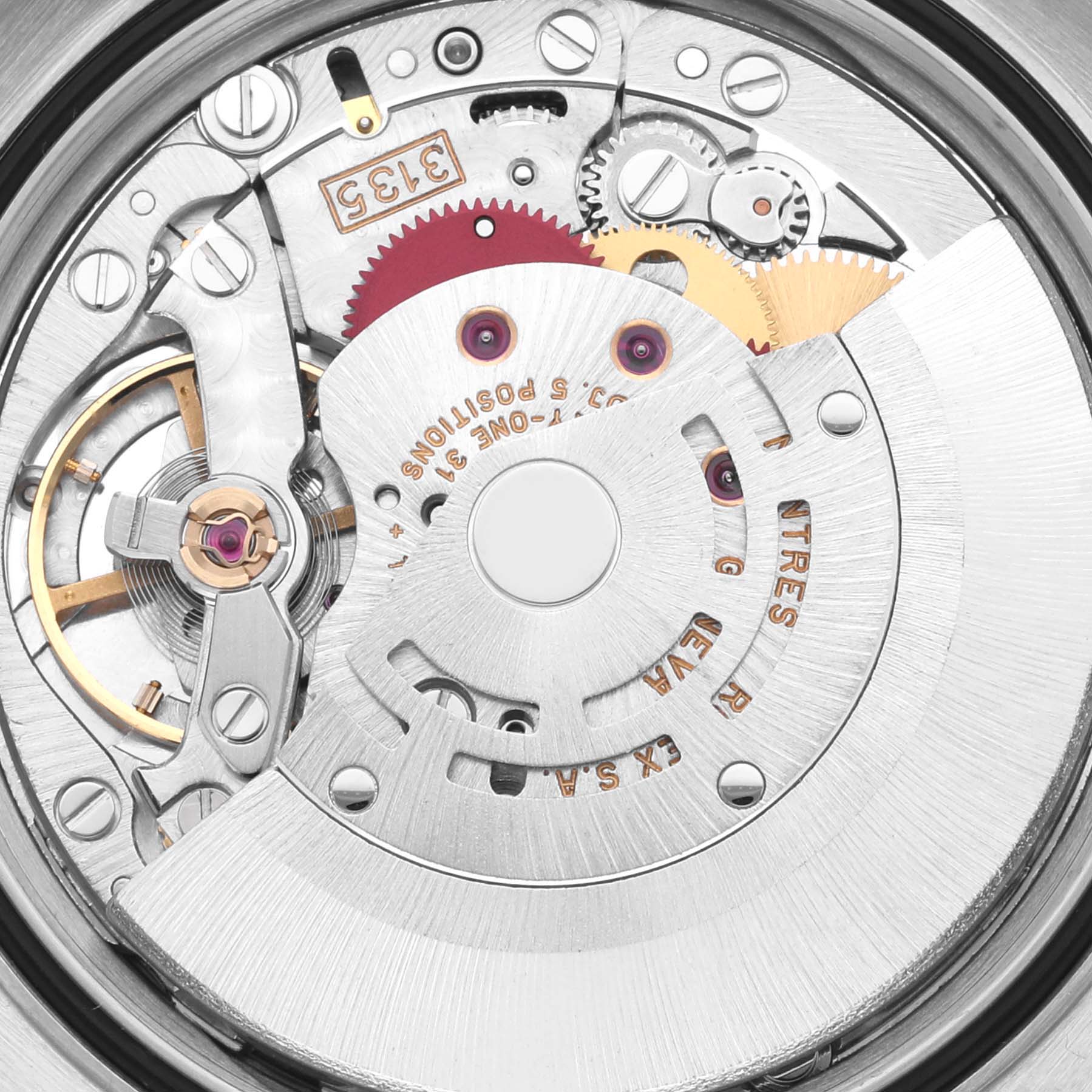 The image shows the movement mechanism of a Rolex Datejust 16220 Men
s Stainless Steel White Dial 16220 Men
s Stainless Steel White Dial, highlighting gears and components from a top-down angle.