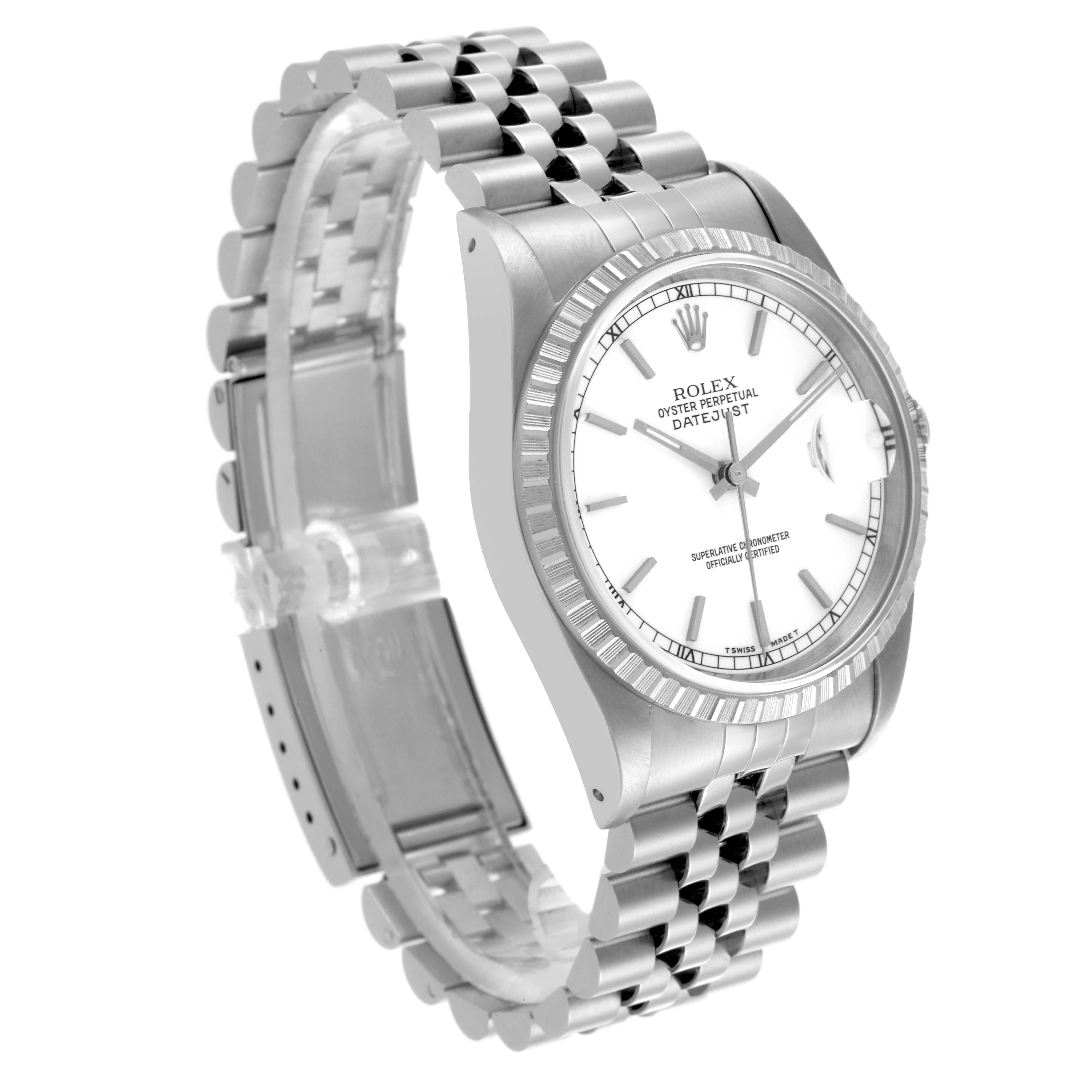 The Rolex Datejust 16220 Men
s Stainless Steel White Dial 16220 Men
s Stainless Steel White Dial is shown at a three-quarter angle, displaying the case, bezel, dial, hands, and bracelet prominently.