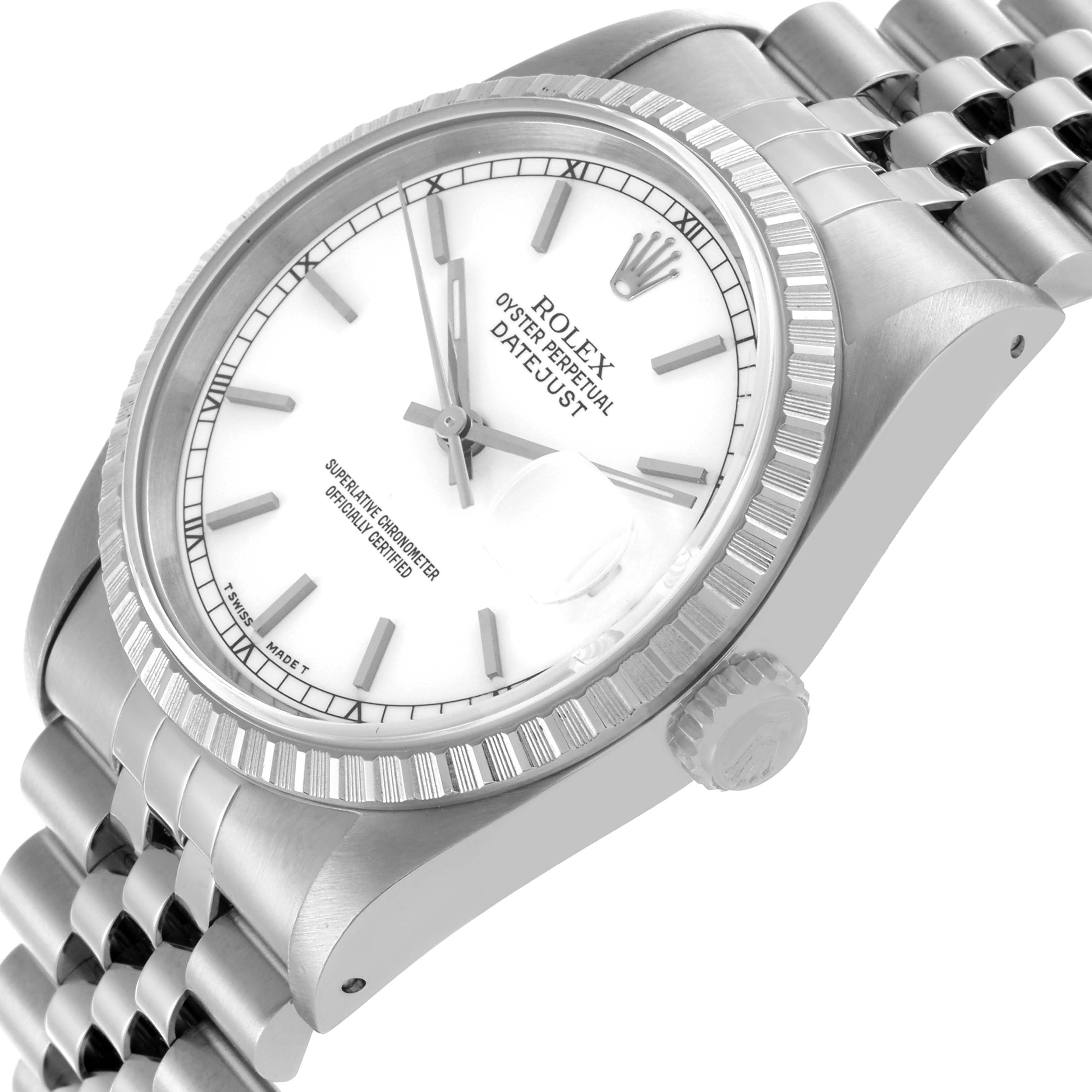 The Rolex Datejust 16220 Men
s Stainless Steel White Dial 16220 Men
s Stainless Steel White Dial watch is shown at an angle highlighting the dial, bezel, crown, and part of the bracelet.