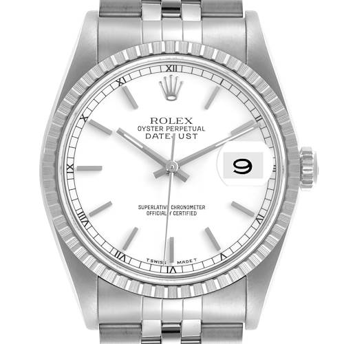 The Rolex Datejust watch is shown from the front, displaying the dial, bezel, crown, and parts of the bracelet.