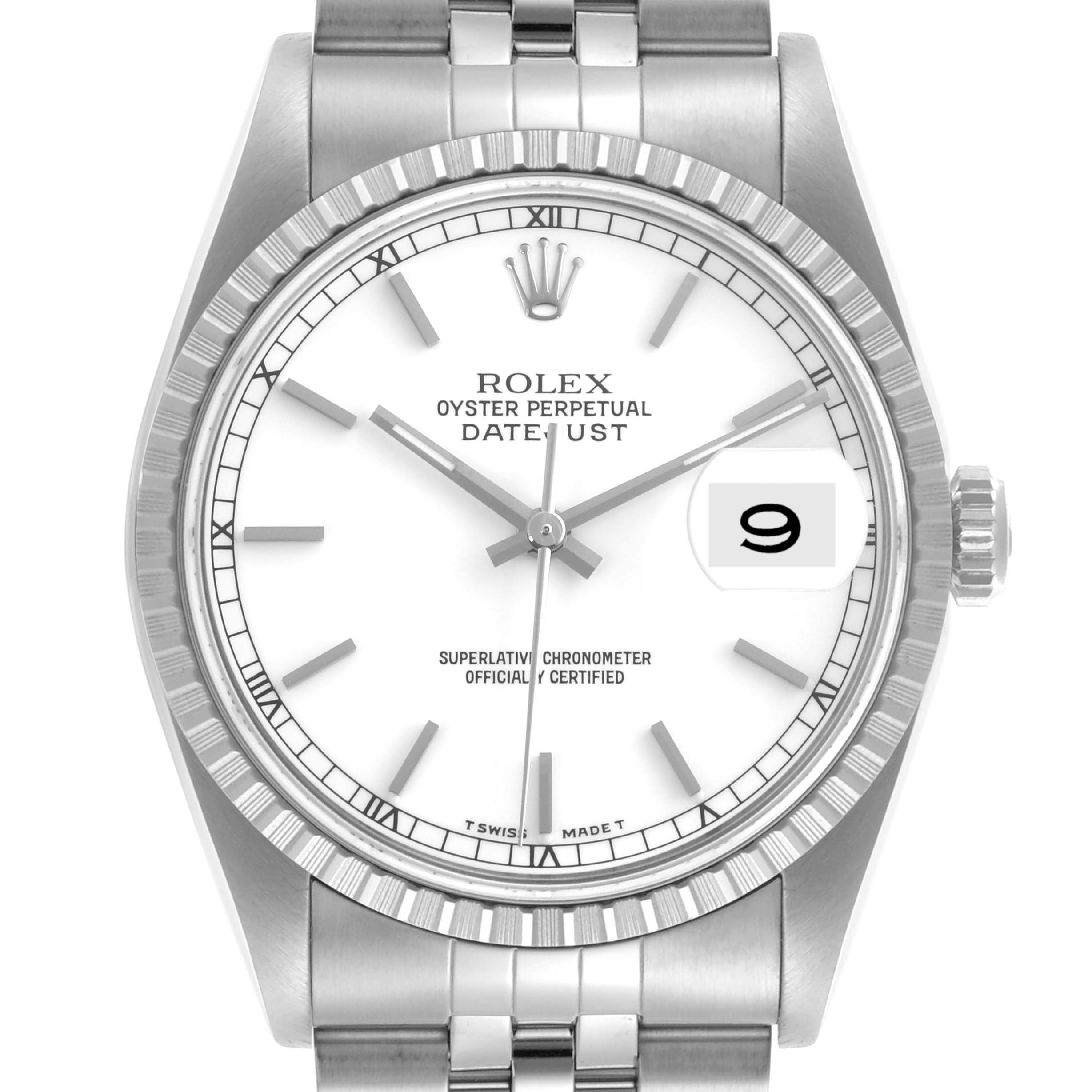 The Rolex Datejust 16220 Men
s Stainless Steel White Dial 16220 Men
s Stainless Steel White Dial watch is shown from the front, displaying the dial, bezel, and part of the bracelet.