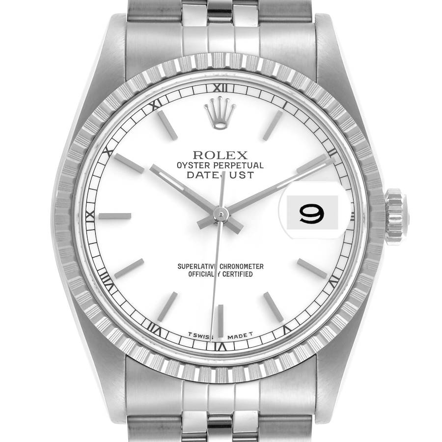 The Rolex Datejust watch is shown from the front, displaying the dial, bezel, and part of the bracelet.