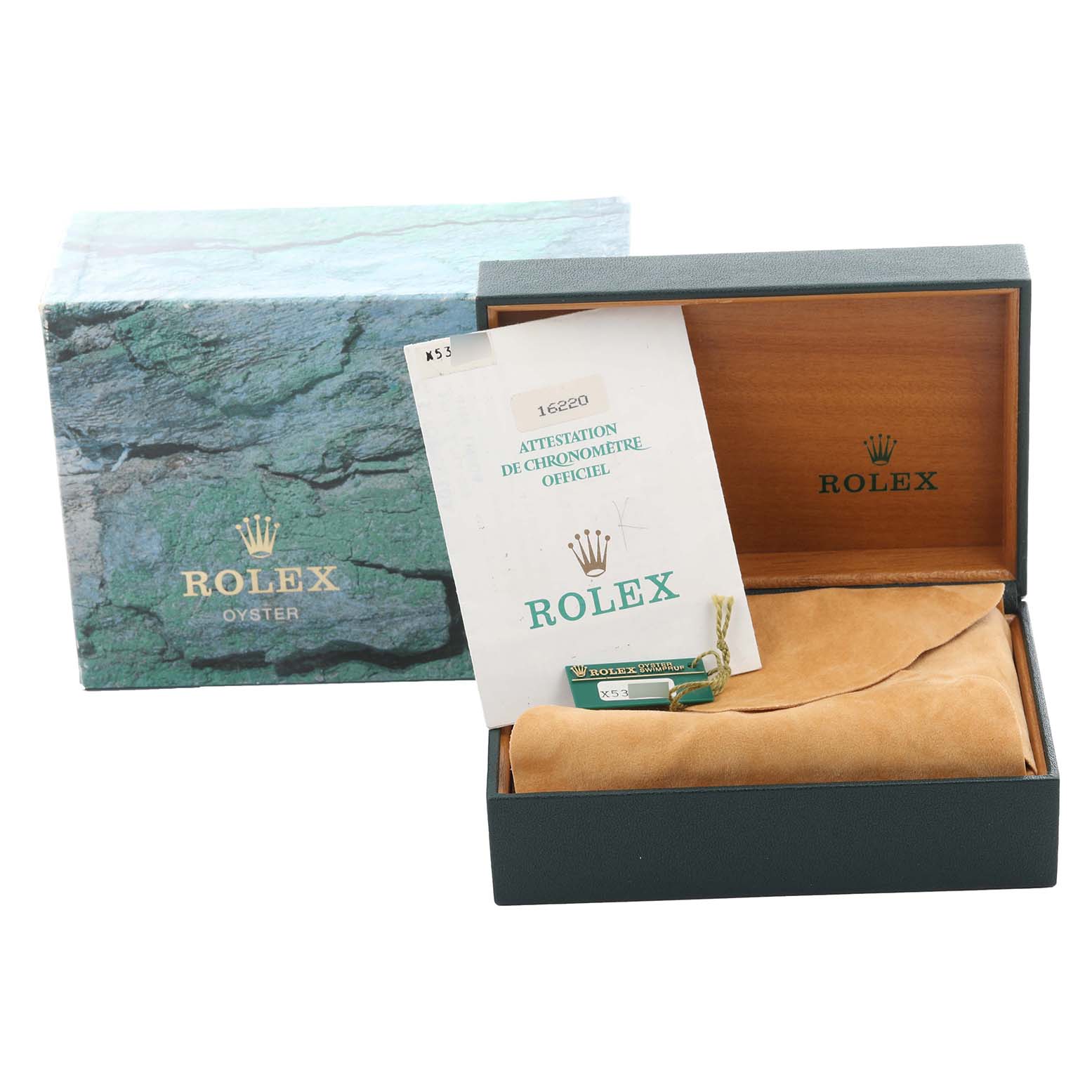 The image shows a Rolex Datejust 16220 Men
s Stainless Steel White Dial 16220 Men
s Stainless Steel White Dial box, papers, and a suede pouch, with no watch visible.