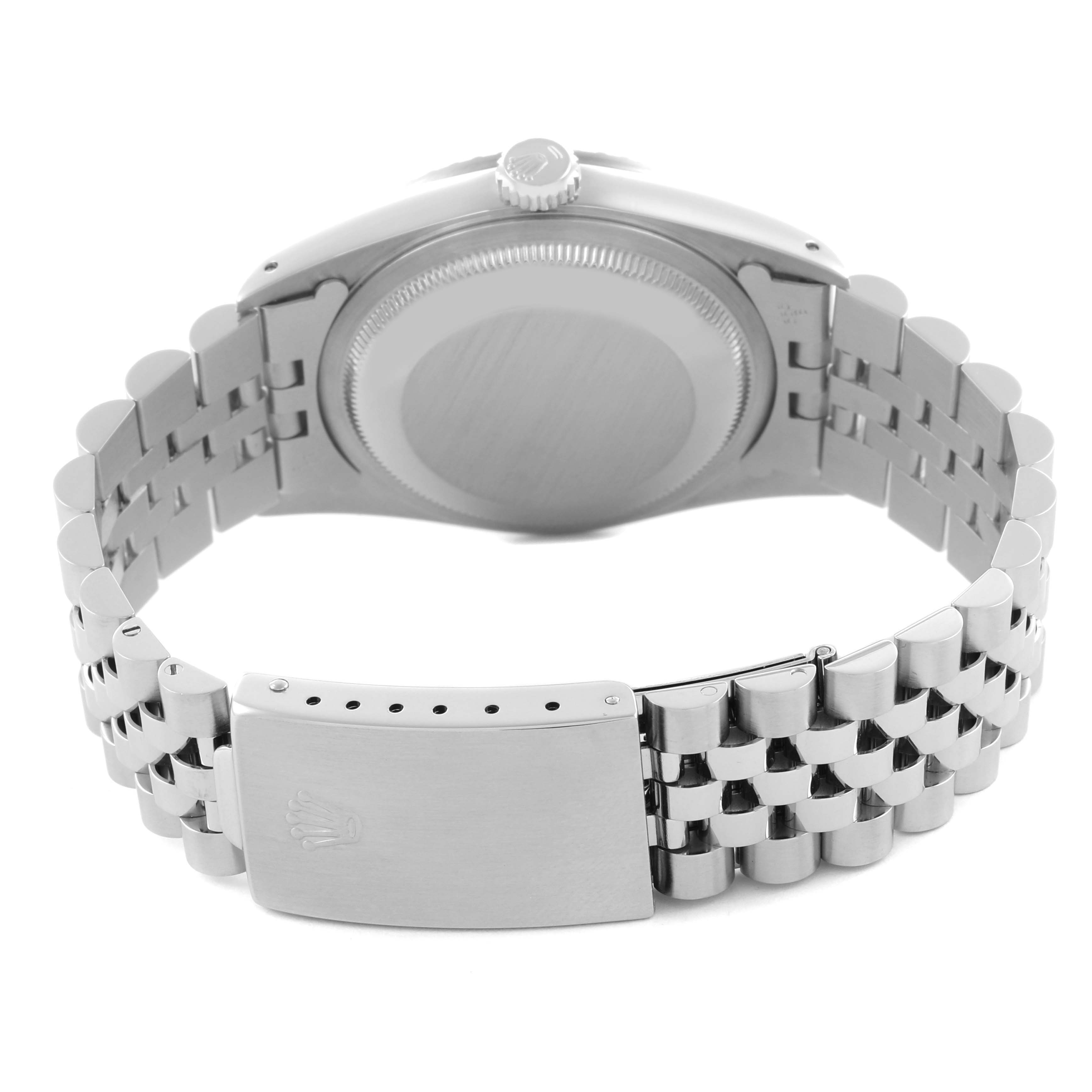 The image shows the back case and bracelet clasp of a Rolex Datejust 16220 Men
s Stainless Steel White Dial 16220 Men
s Stainless Steel White Dial watch.