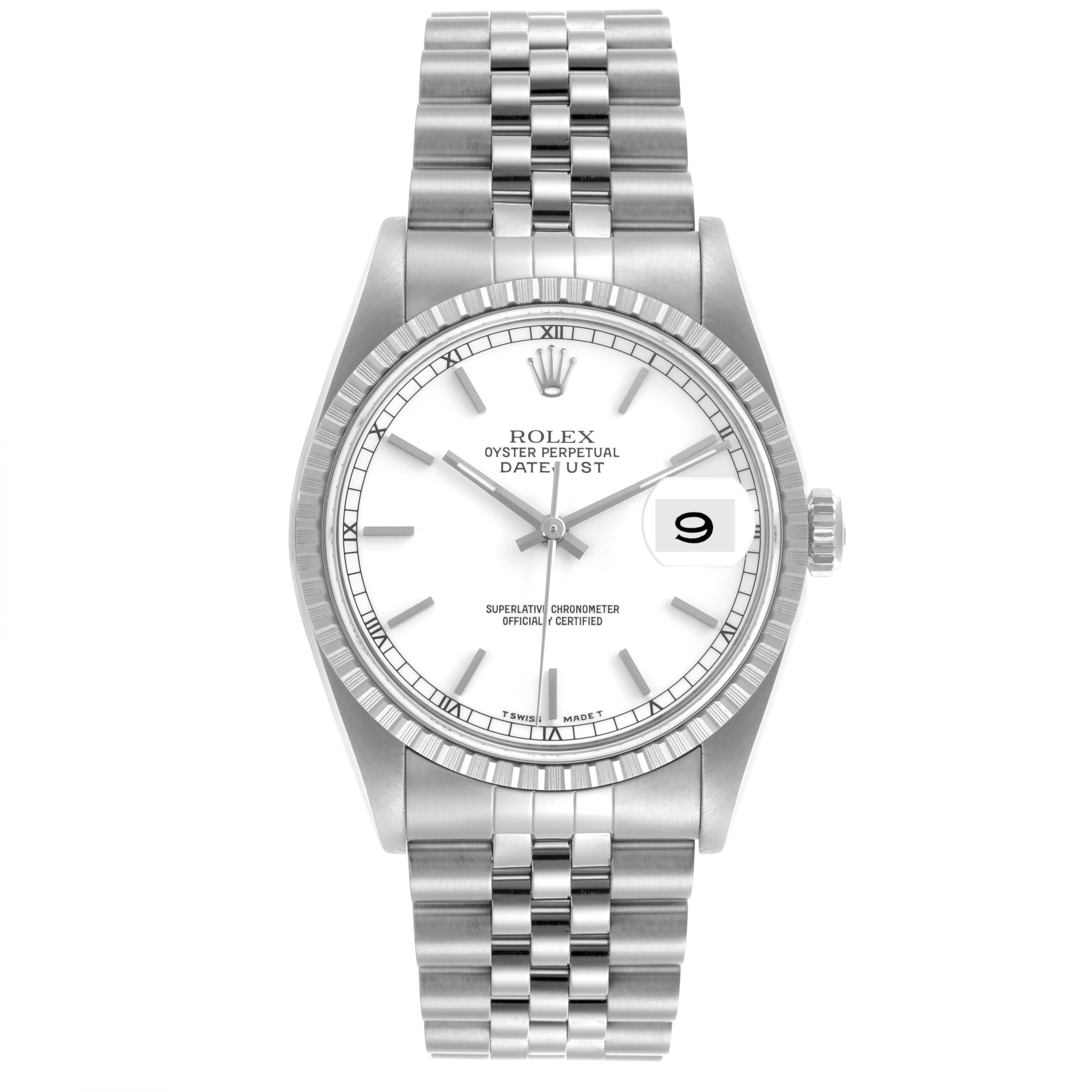 The Rolex Datejust 16220 Men
s Stainless Steel White Dial 16220 Men
s Stainless Steel White Dial watch is shown from a front angle, displaying the face, date window, and bracelet.