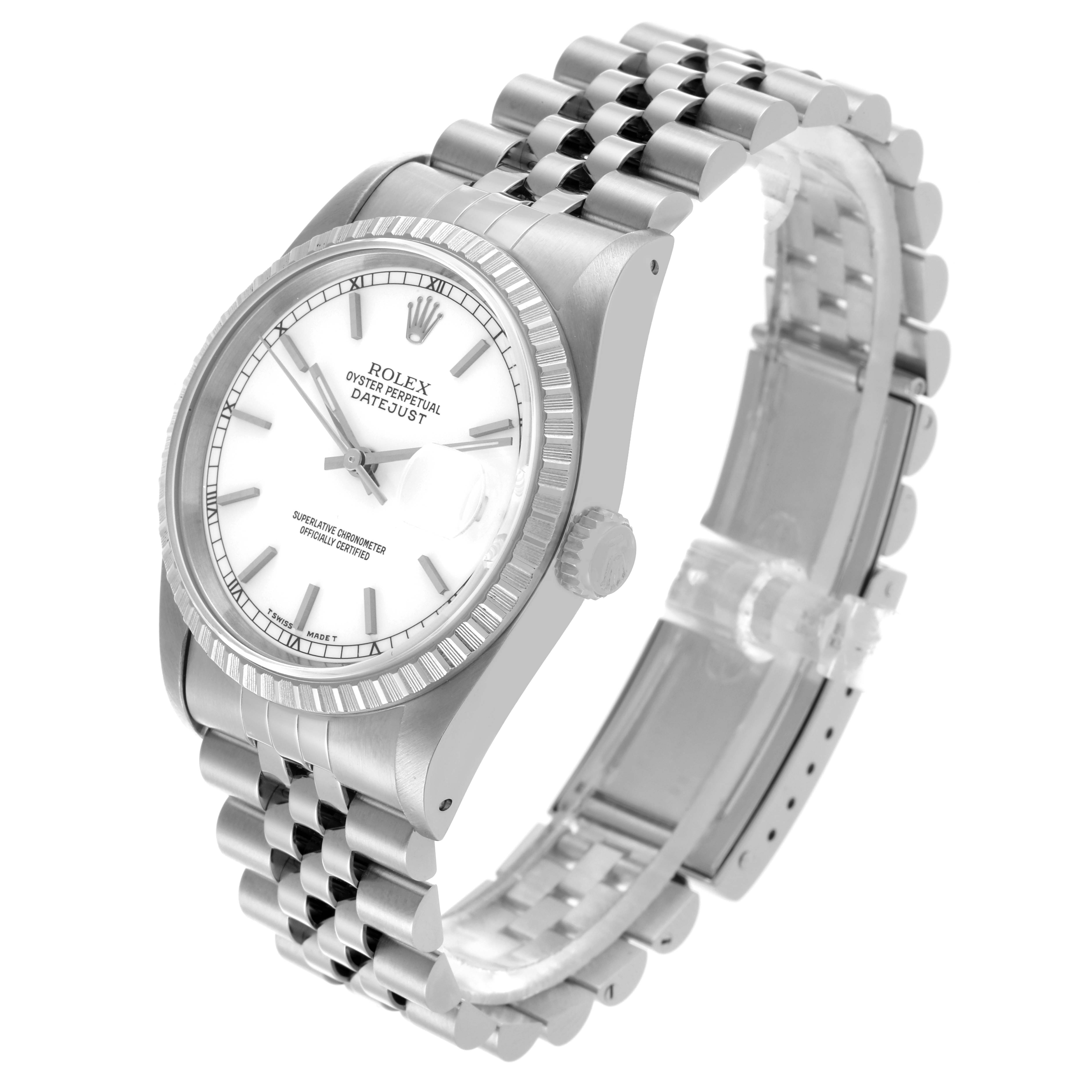 The Rolex Datejust 16220 Men
s Stainless Steel White Dial 16220 Men
s Stainless Steel White Dial watch is shown at a tilted angle, highlighting the dial, bezel, crown, and metal bracelet.