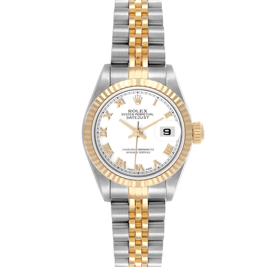 The Rolex Datejust watch is shown from the front, displaying its face, bezel, crown, and bracelet.