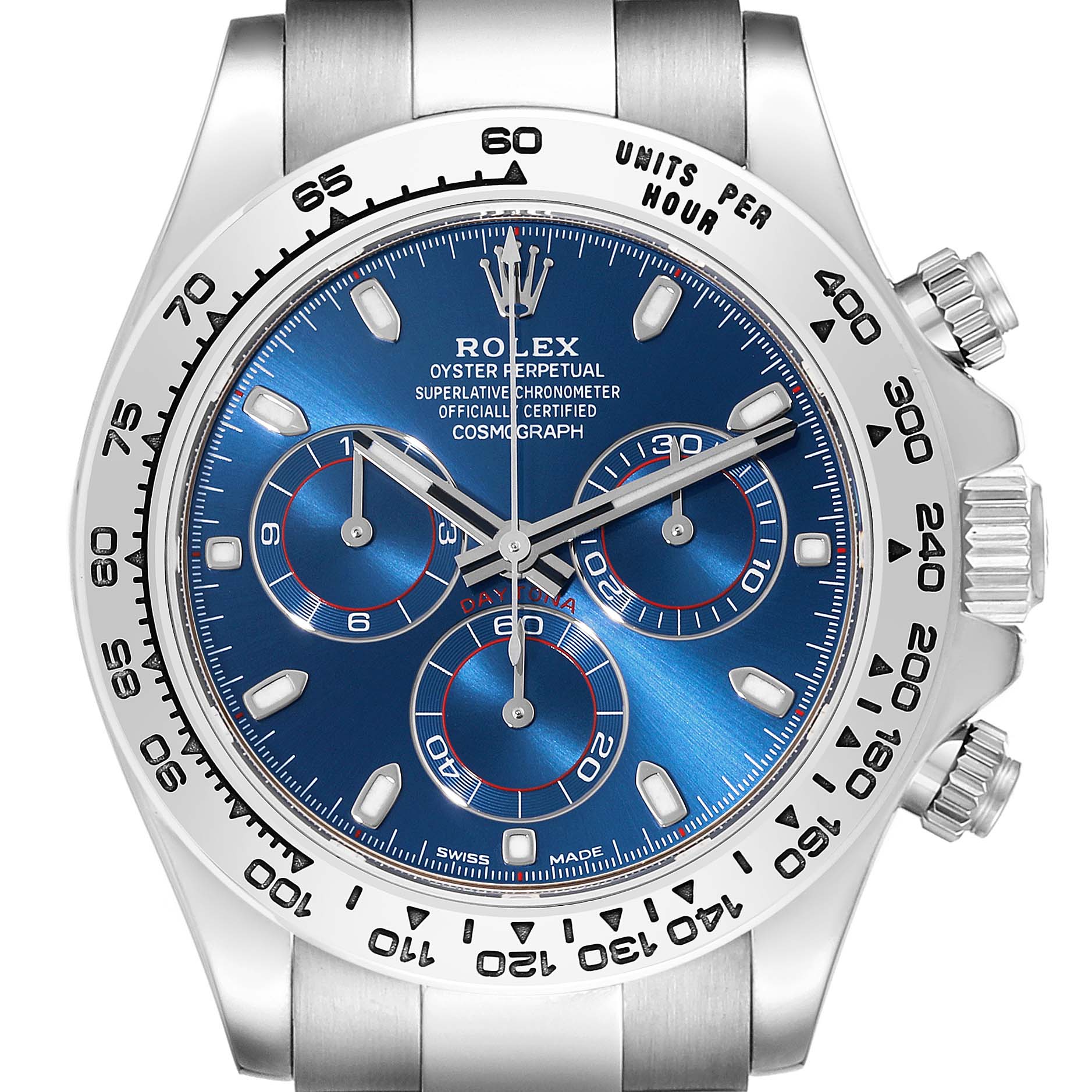 The Rolex Daytona 116509 Men's White Gold Blue Dial 116509 Men's White Gold Blue Dial watch is shown from the front, featuring its bezel, face, sub-dials, and partial bracelet.