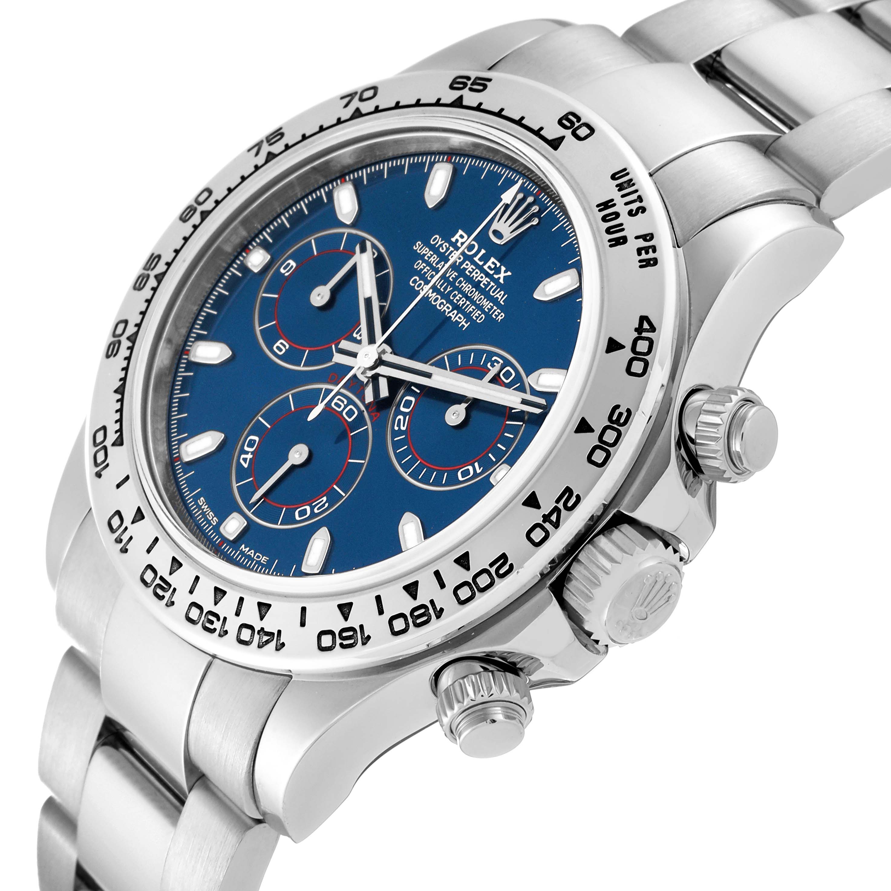 The Rolex Daytona 116509 Men's White Gold Blue Dial 116509 Men's White Gold Blue Dial is shown at an angled view highlighting the dial, bezel, crown, and part of the bracelet.