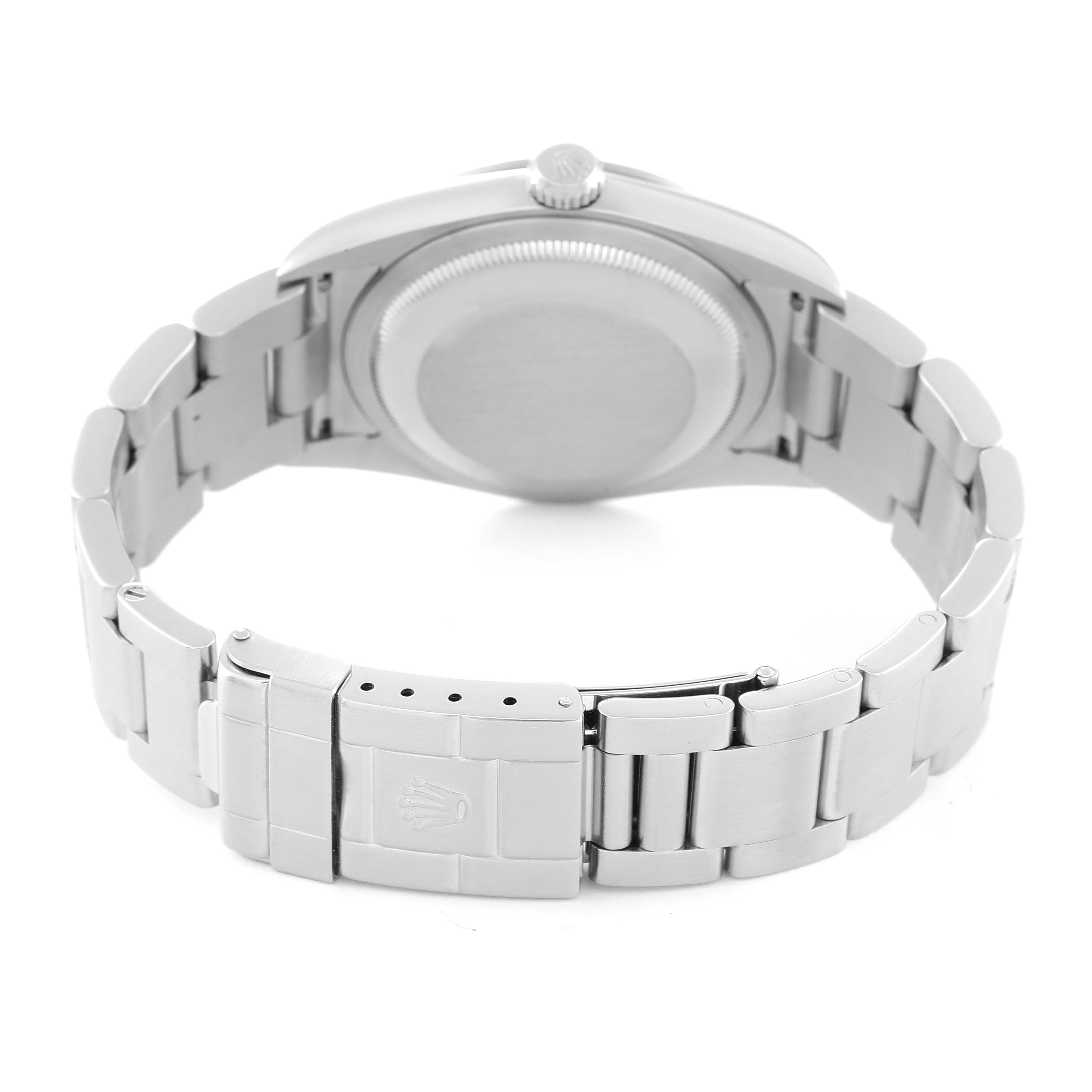 This image shows the stainless steel back, bracelet, and clasp of the Rolex Explorer 114270 Men
s Stainless Steel Black Dial 114270 Men
s Stainless Steel Black Dial watch from a rear angle.