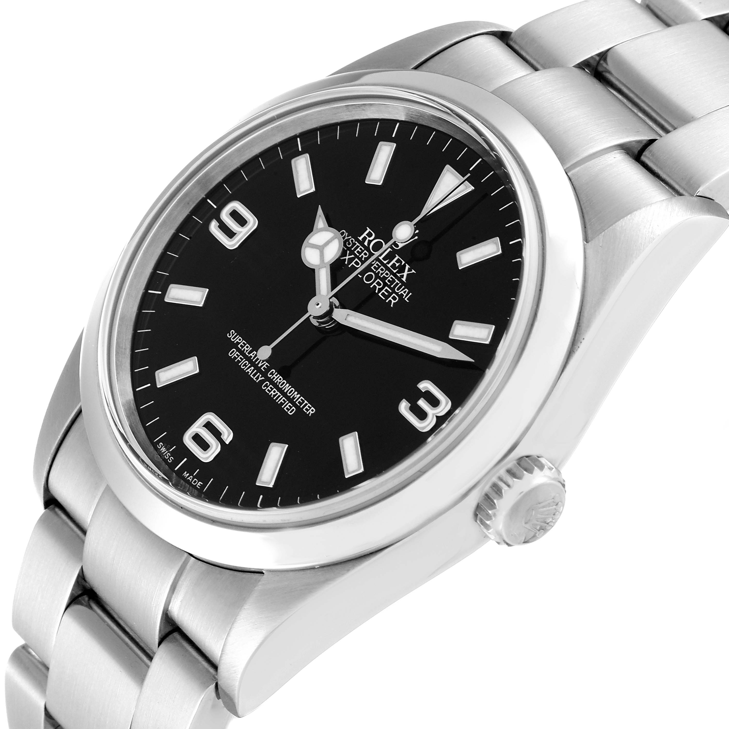 This image shows a close-up angle of the Rolex Explorer 114270 Men
s Stainless Steel Black Dial 114270 Men
s Stainless Steel Black Dial watch, highlighting the black dial, stainless steel case, and bracelet.