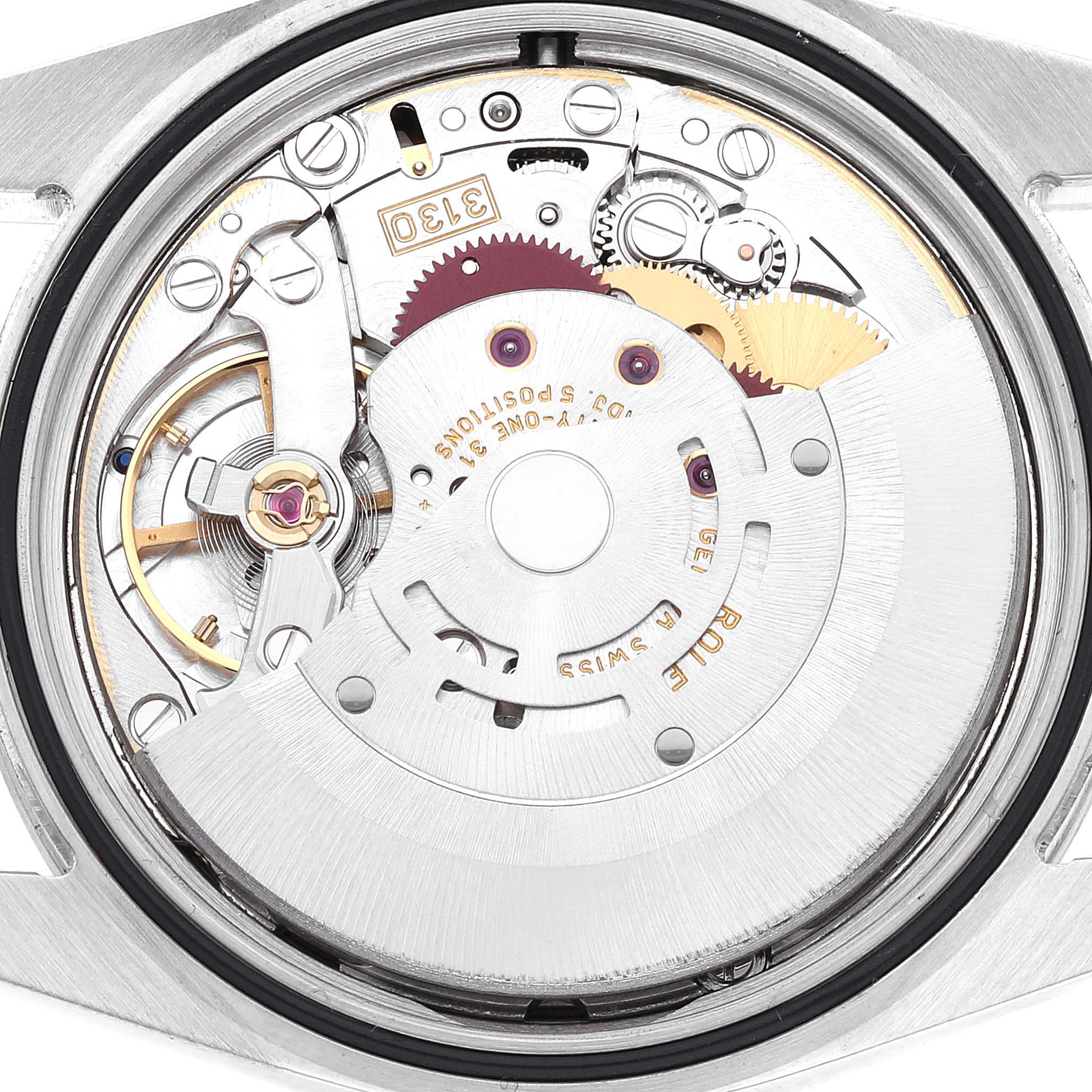 The image shows the inner mechanical movement components of the Rolex Explorer 114270 Men
s Stainless Steel Black Dial 114270 Men
s Stainless Steel Black Dial watch.