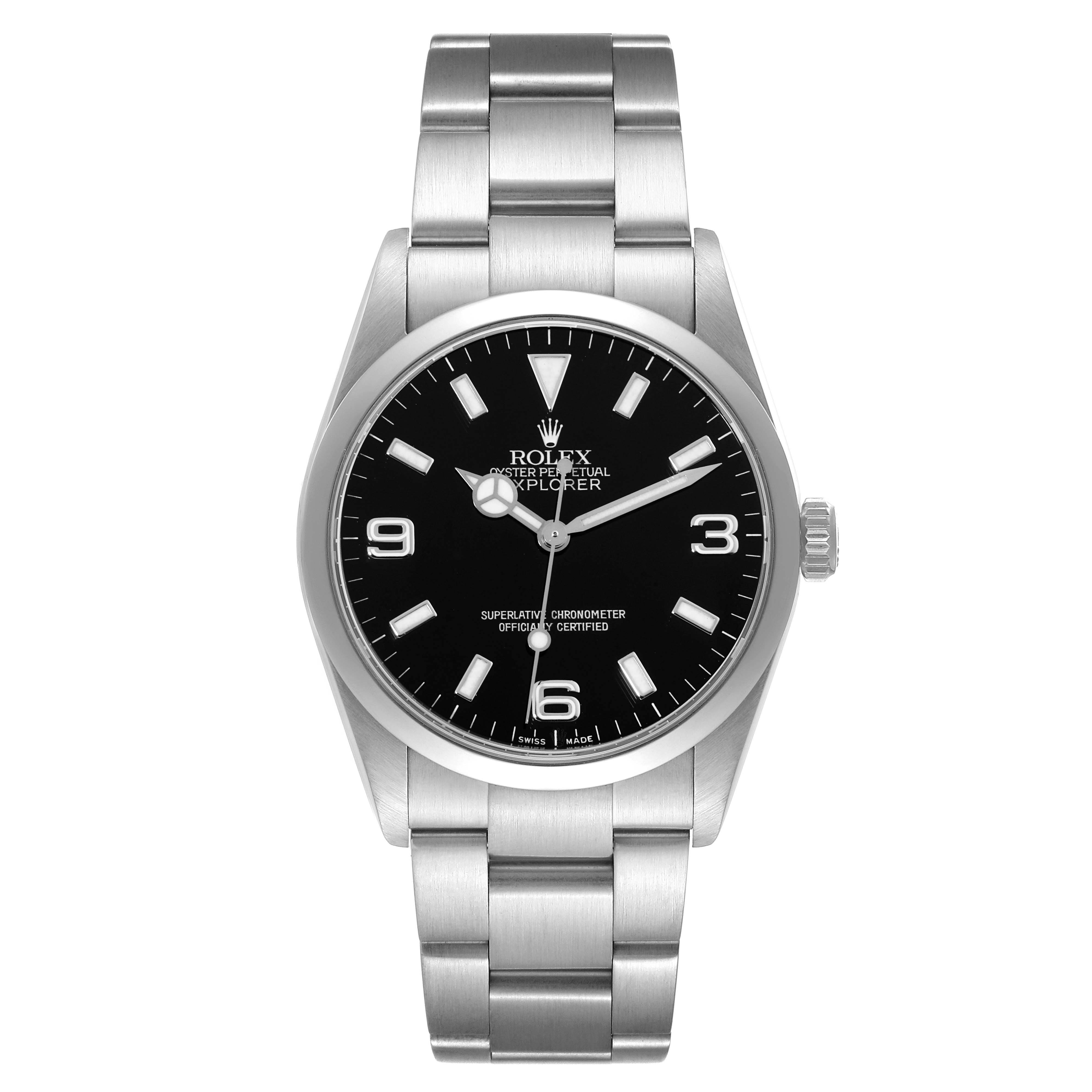 The image shows a Rolex Explorer 114270 Men
s Stainless Steel Black Dial 114270 Men
s Stainless Steel Black Dial watch, front view, displaying the face, bezel, crown, and bracelet.