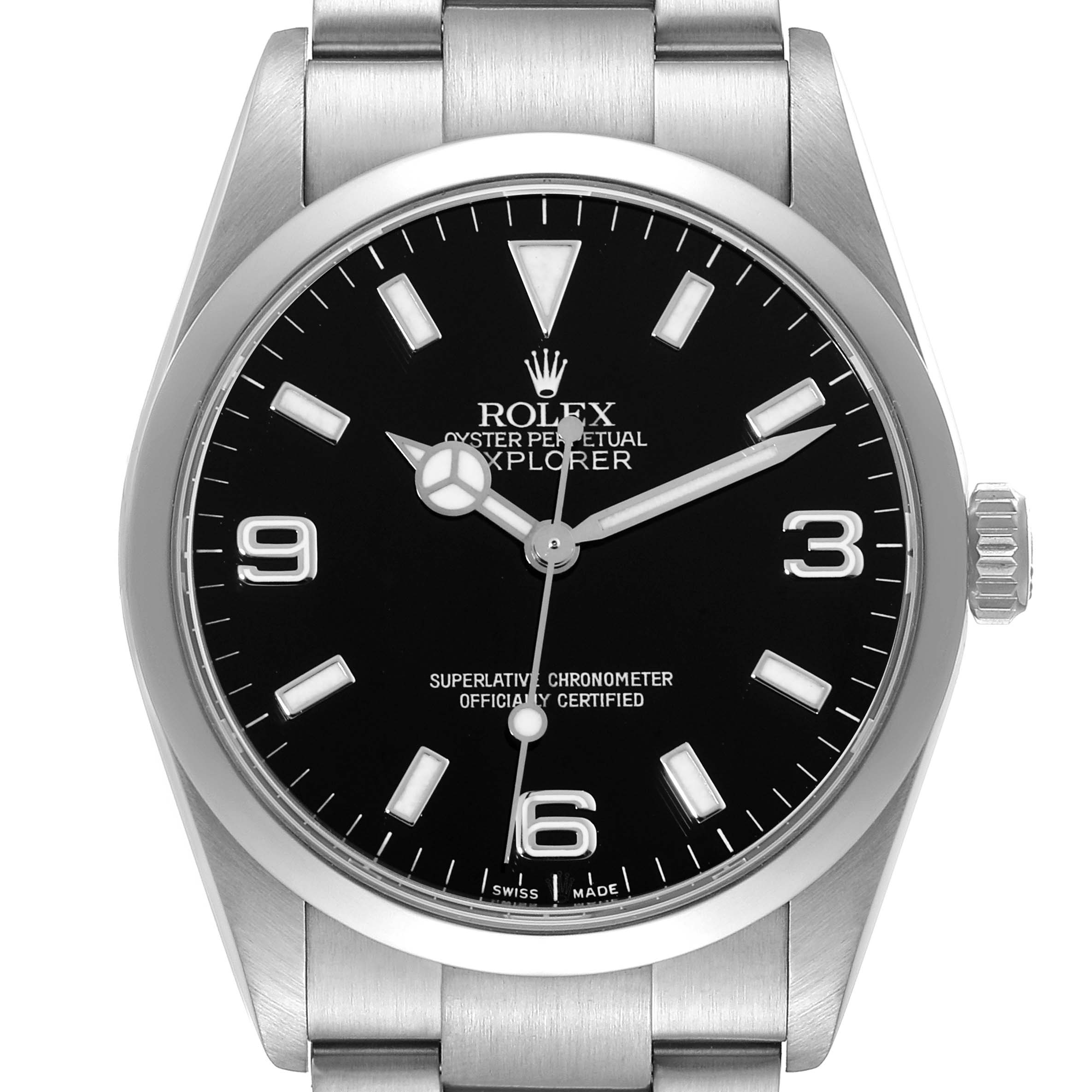 This image shows a front view of a Rolex Explorer 114270 Men
s Stainless Steel Black Dial 114270 Men
s Stainless Steel Black Dial watch, displaying its face, crown, and part of the bracelet.