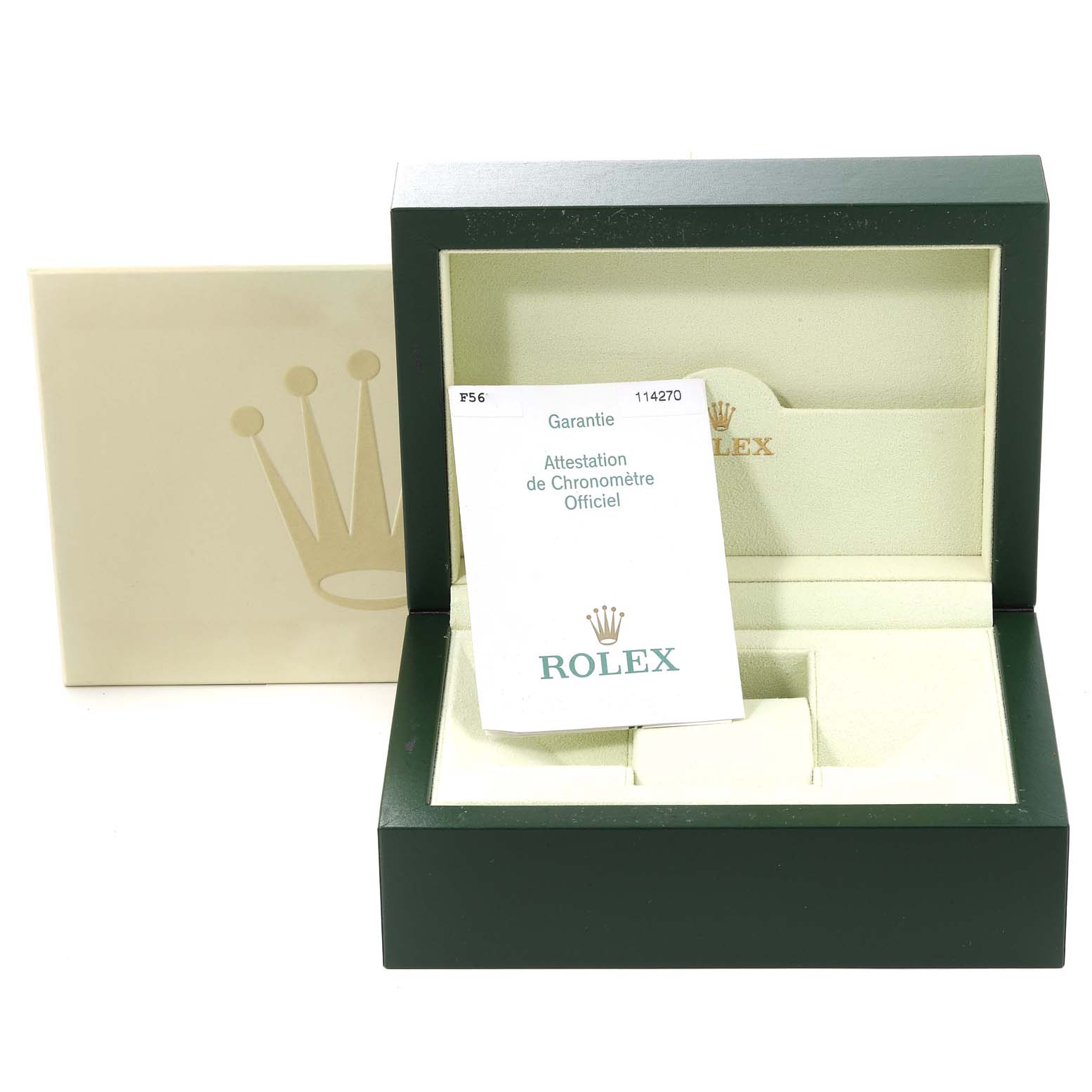 The image shows an open box and guarantee card for a Rolex Explorer 114270 Men
s Stainless Steel Black Dial 114270 Men
s Stainless Steel Black Dial watch, with a focus on the box and documentation.