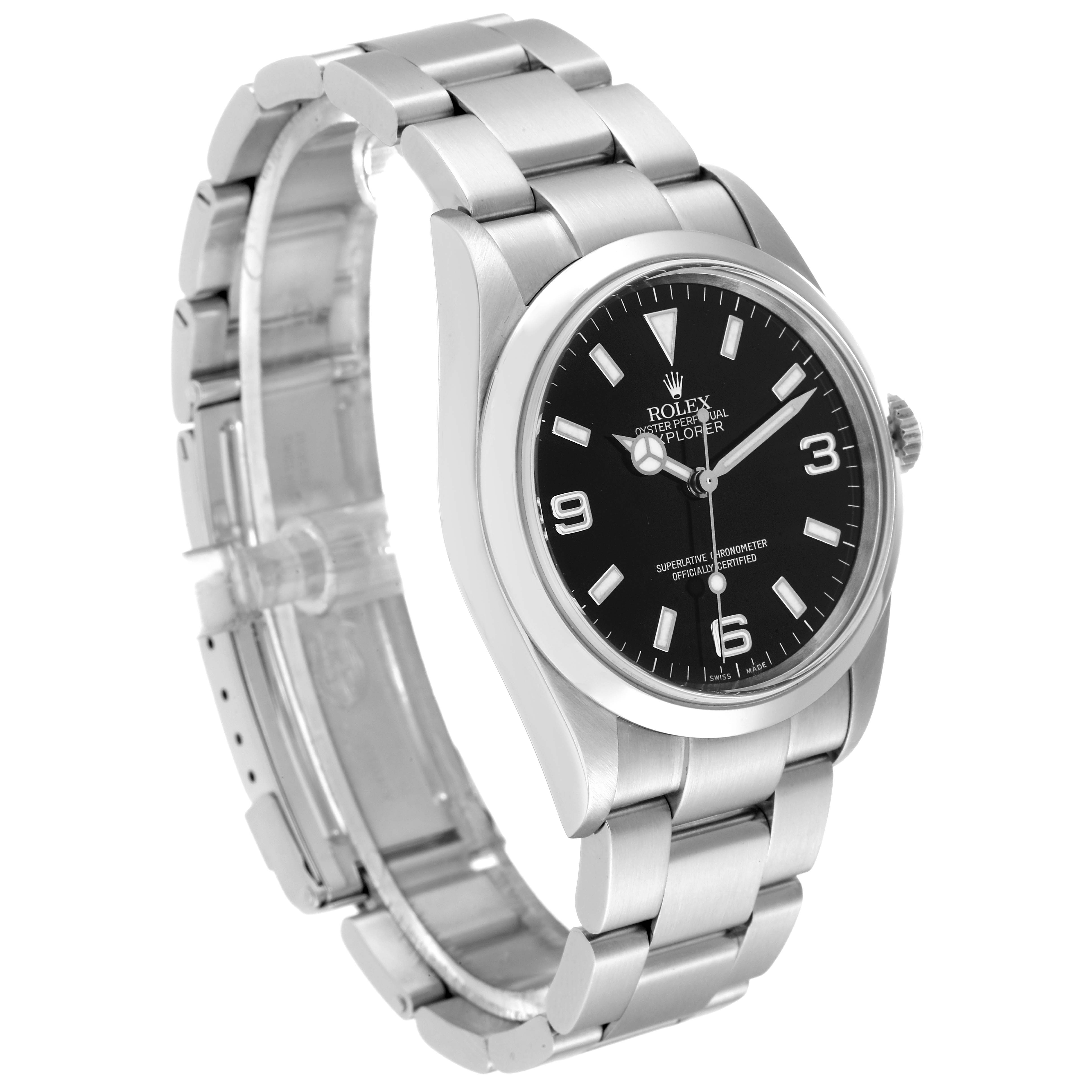 The image shows a Rolex Explorer 114270 Men
s Stainless Steel Black Dial 114270 Men
s Stainless Steel Black Dial watch angled to display the face, bezel, crown, and bracelet.
