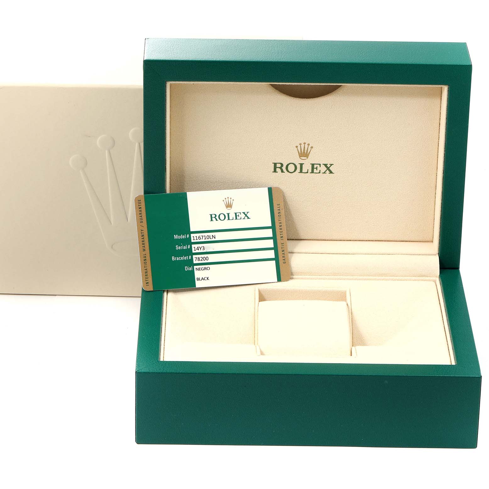 The image shows the packaging box and certification card for the Rolex GMT-Master 116710 Men
s Stainless Steel Black Dial 116710 Men
s Stainless Steel Black Dial watch.