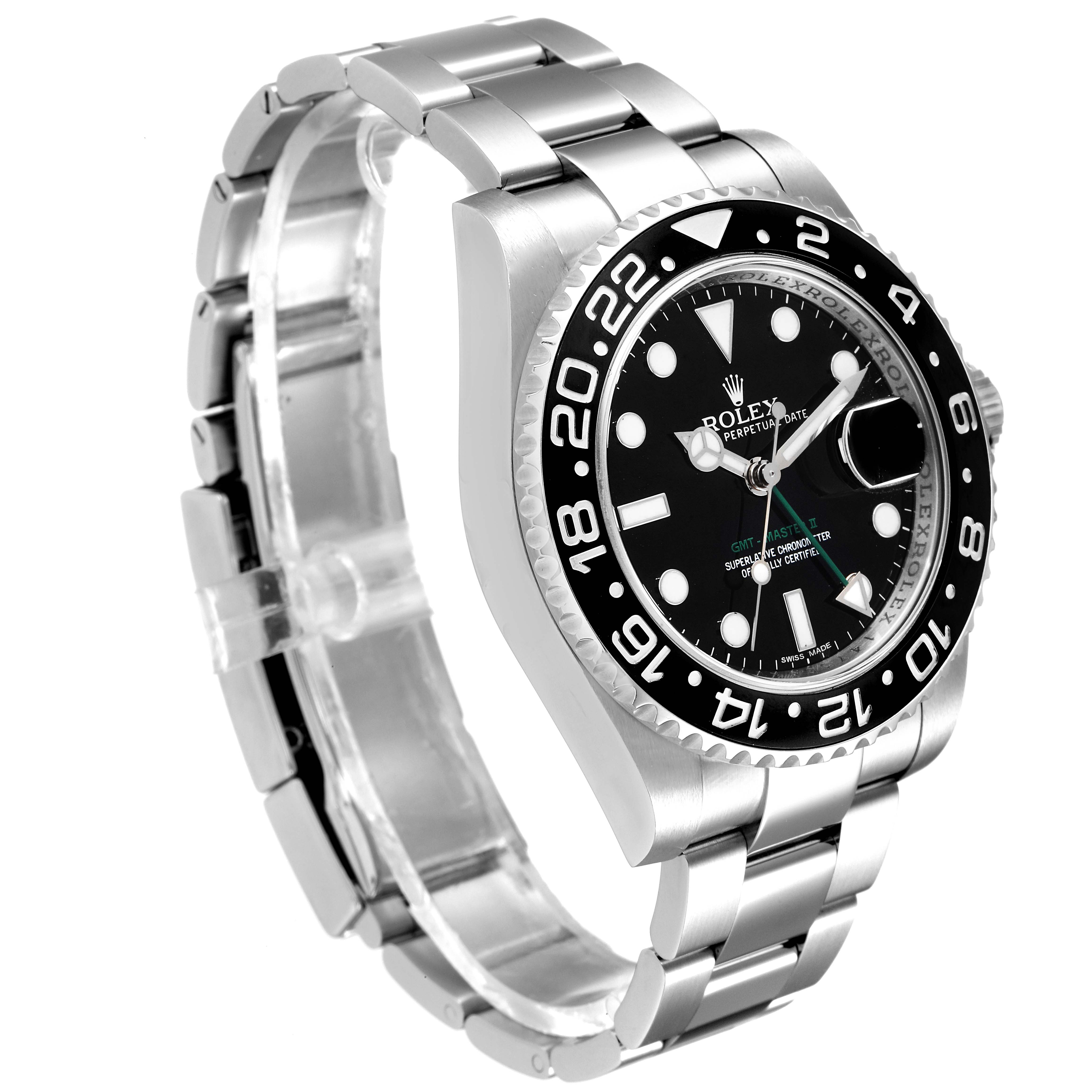 The image shows a side angle of the Rolex GMT-Master 116710 Men
s Stainless Steel Black Dial 116710 Men
s Stainless Steel Black Dial watch, displaying its bezel, dial, and bracelet.