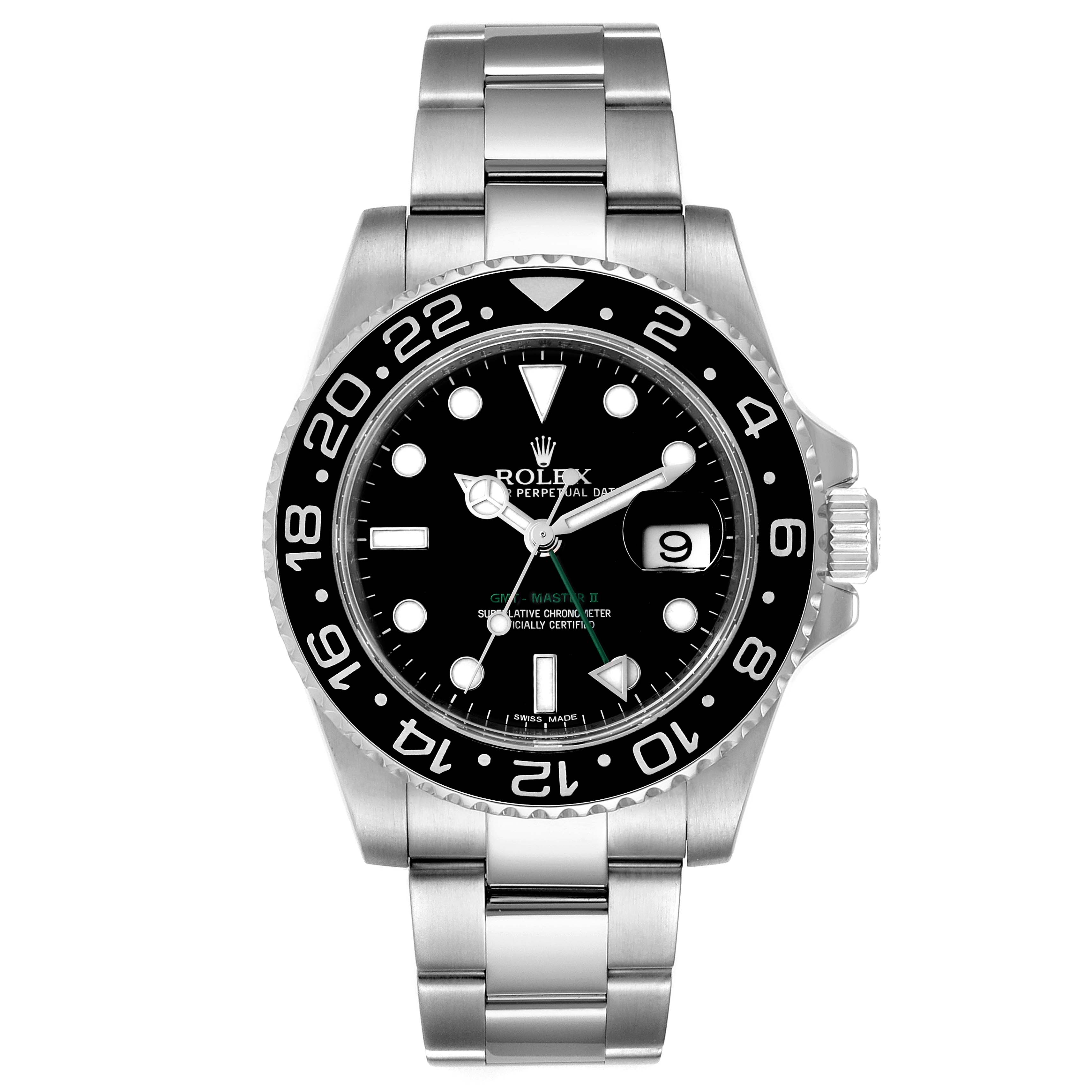 This image shows a Rolex GMT-Master 116710 Men
s Stainless Steel Black Dial 116710 Men
s Stainless Steel Black Dial II watch, captured from a front angle, highlighting its dial, bezel, and bracelet.