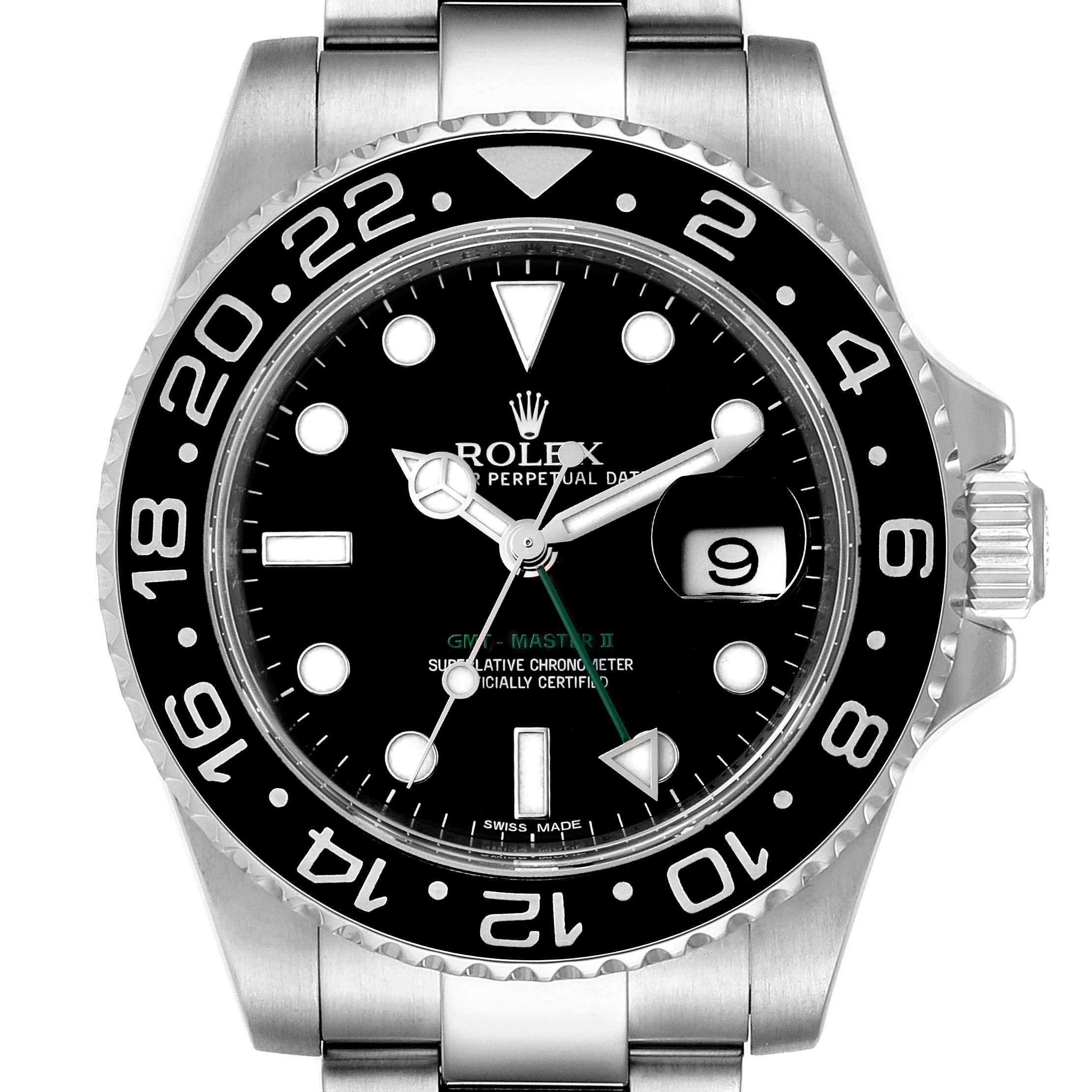 The Rolex GMT-Master 116710 Men
s Stainless Steel Black Dial 116710 Men
s Stainless Steel Black Dial watch is shown from a front angle, highlighting the bezel, dial, crown, and part of the strap.