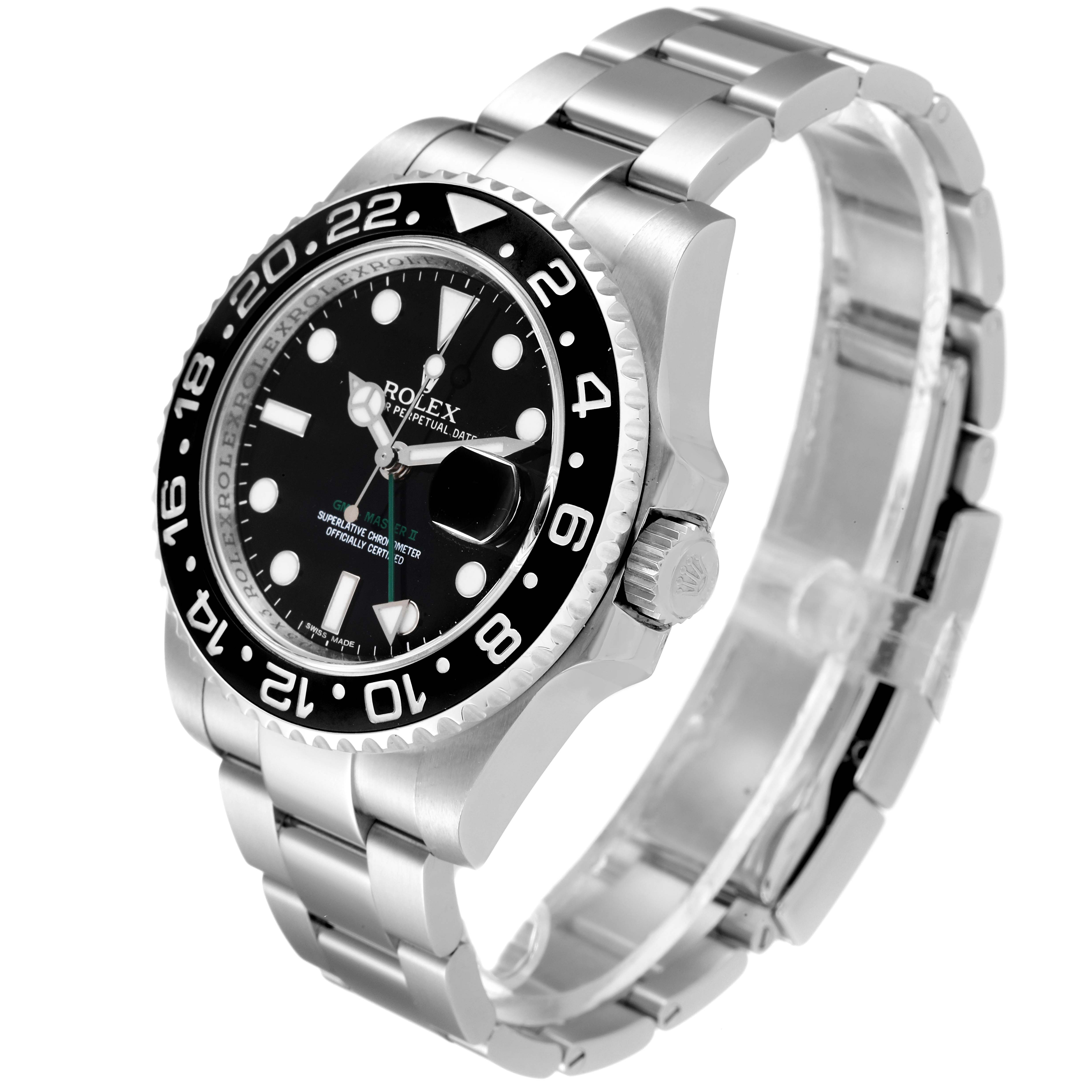The image shows a Rolex GMT-Master 116710 Men
s Stainless Steel Black Dial 116710 Men
s Stainless Steel Black Dial model watch from a three-quarter angle, highlighting the bezel, dial, crown, and bracelet.