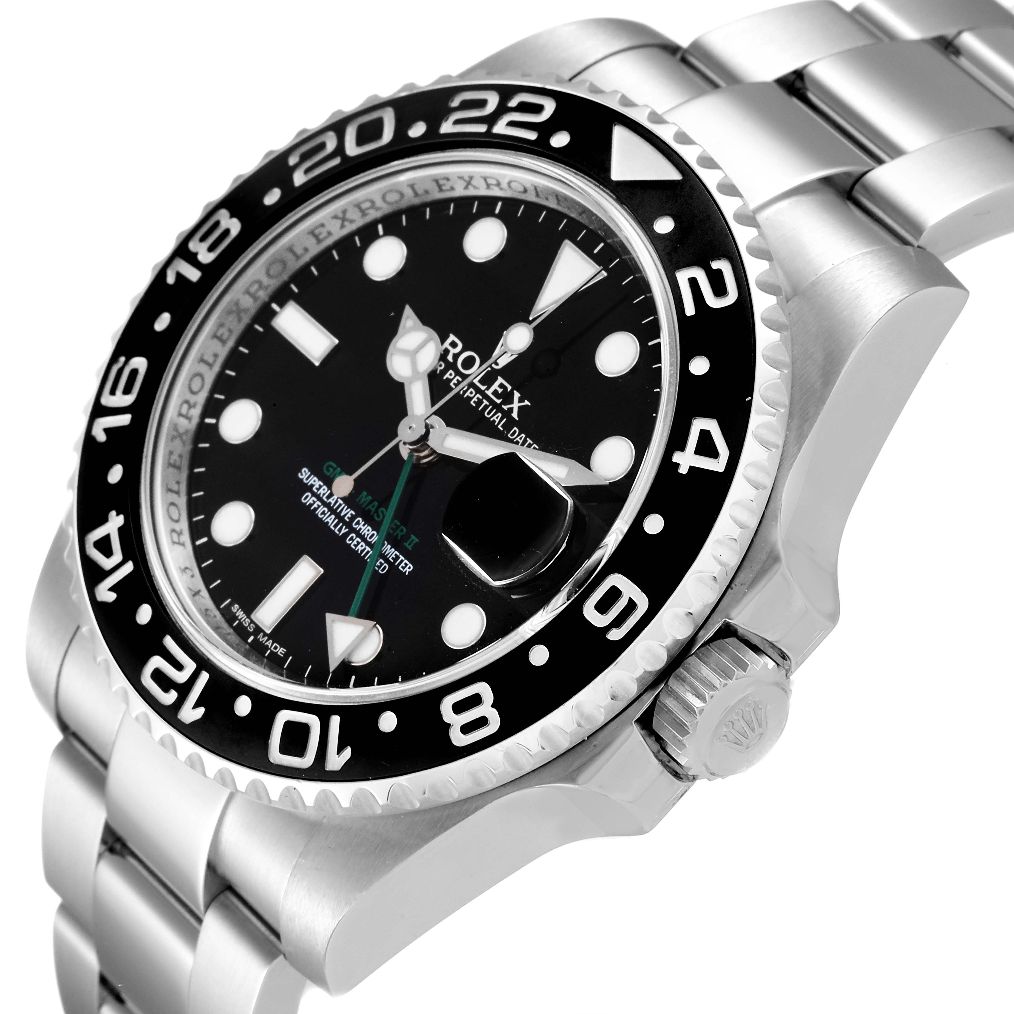 The image shows a close-up angle of a Rolex GMT-Master 116710 Men
s Stainless Steel Black Dial 116710 Men
s Stainless Steel Black Dial watch, highlighting its bezel, dial, and part of the bracelet.